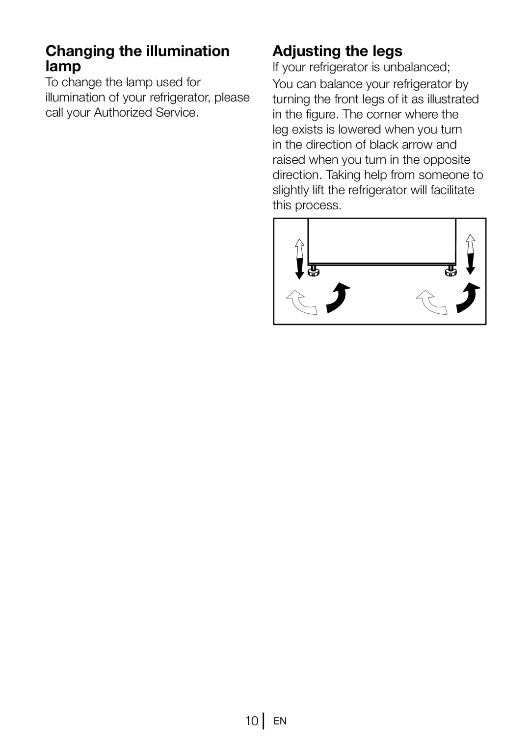 Blomberg KND 9651 XA+, KND 9651 A+ operating instructions Changing the illumination lamp, Adjusting the legs 