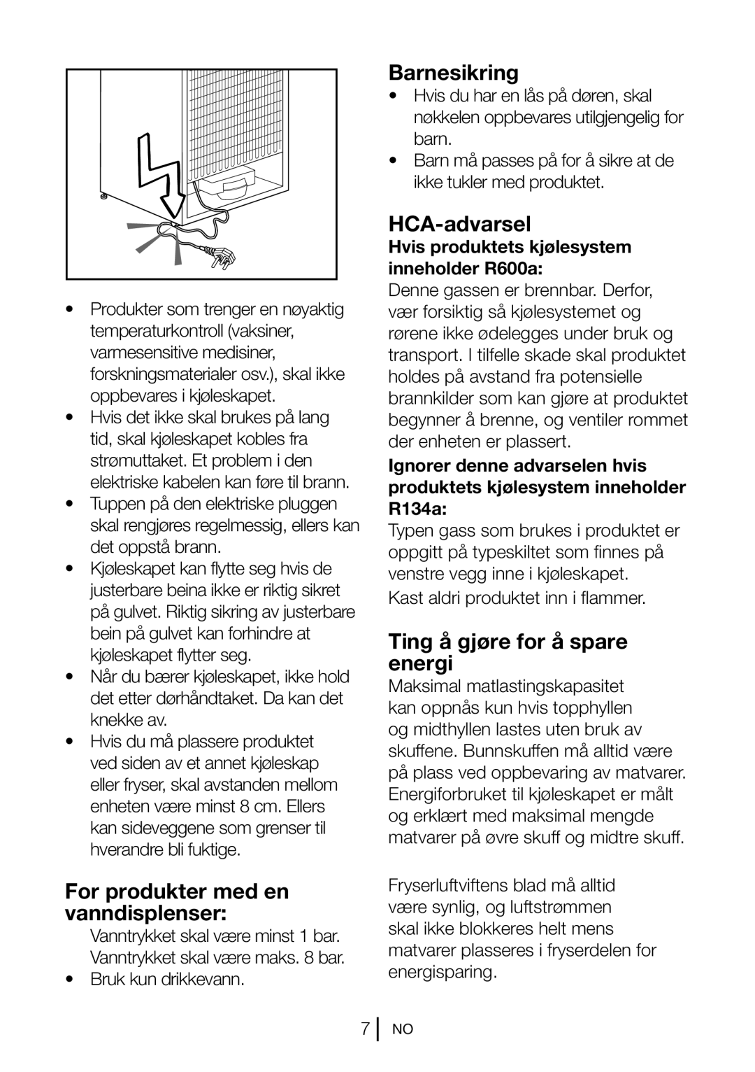 Blomberg KND 9651 A+ For produkter med en vanndisplenser, Barnesikring, HCA-advarsel, Ting å gjøre for å spare energi 