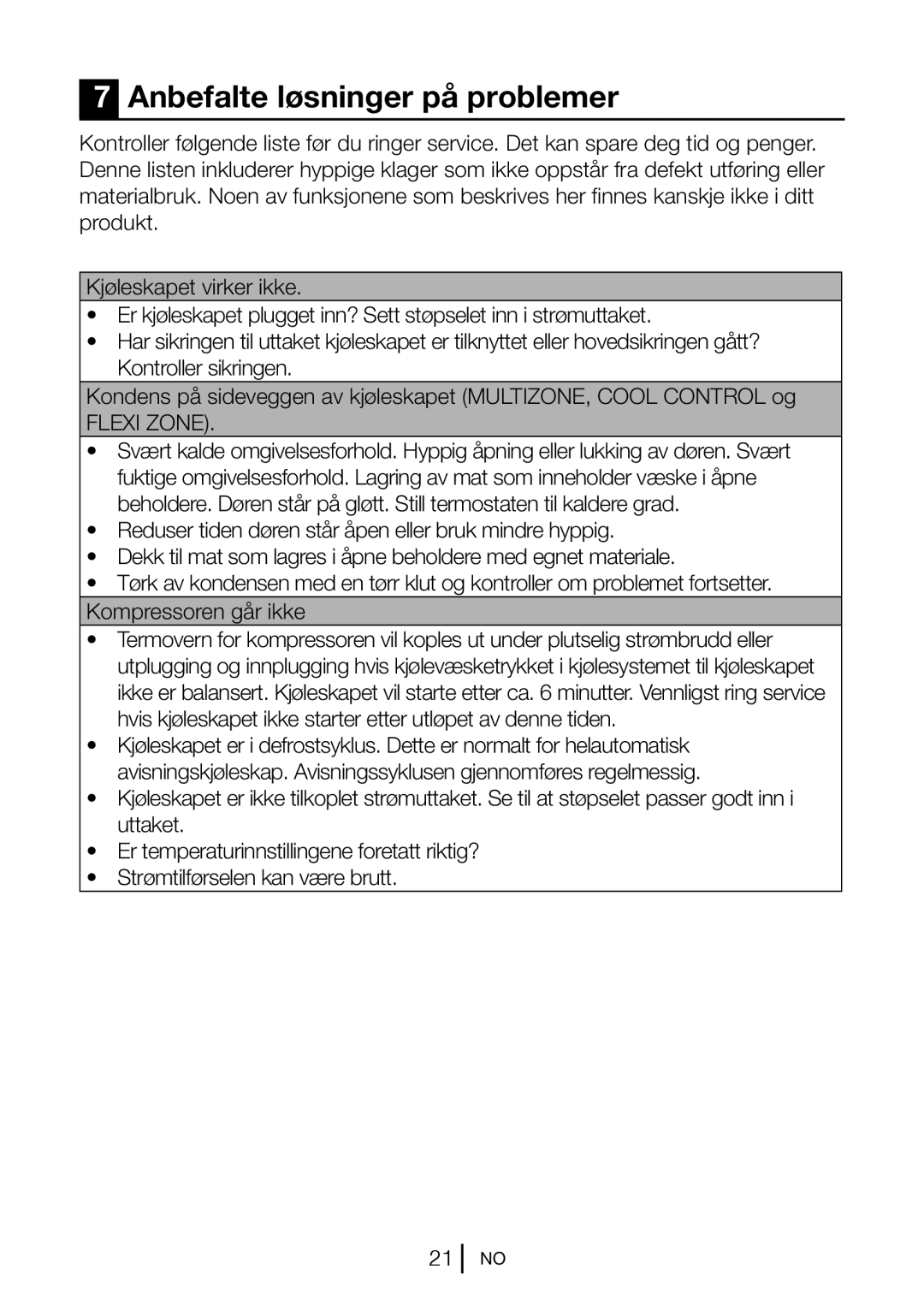 Blomberg KND 9651 A+, KND 9651 XA+ operating instructions Anbefalte løsninger på problemer, Flexi Zone 