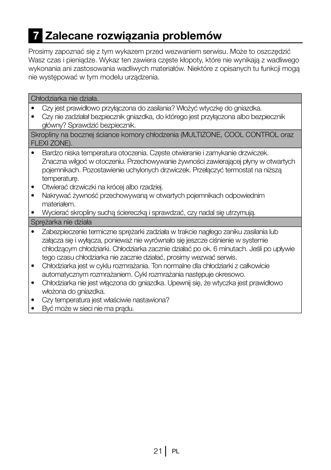 Blomberg KND 9651 XA+, KND 9651 A+ operating instructions Zalecane rozwiązania problemów, Flexi Zone 