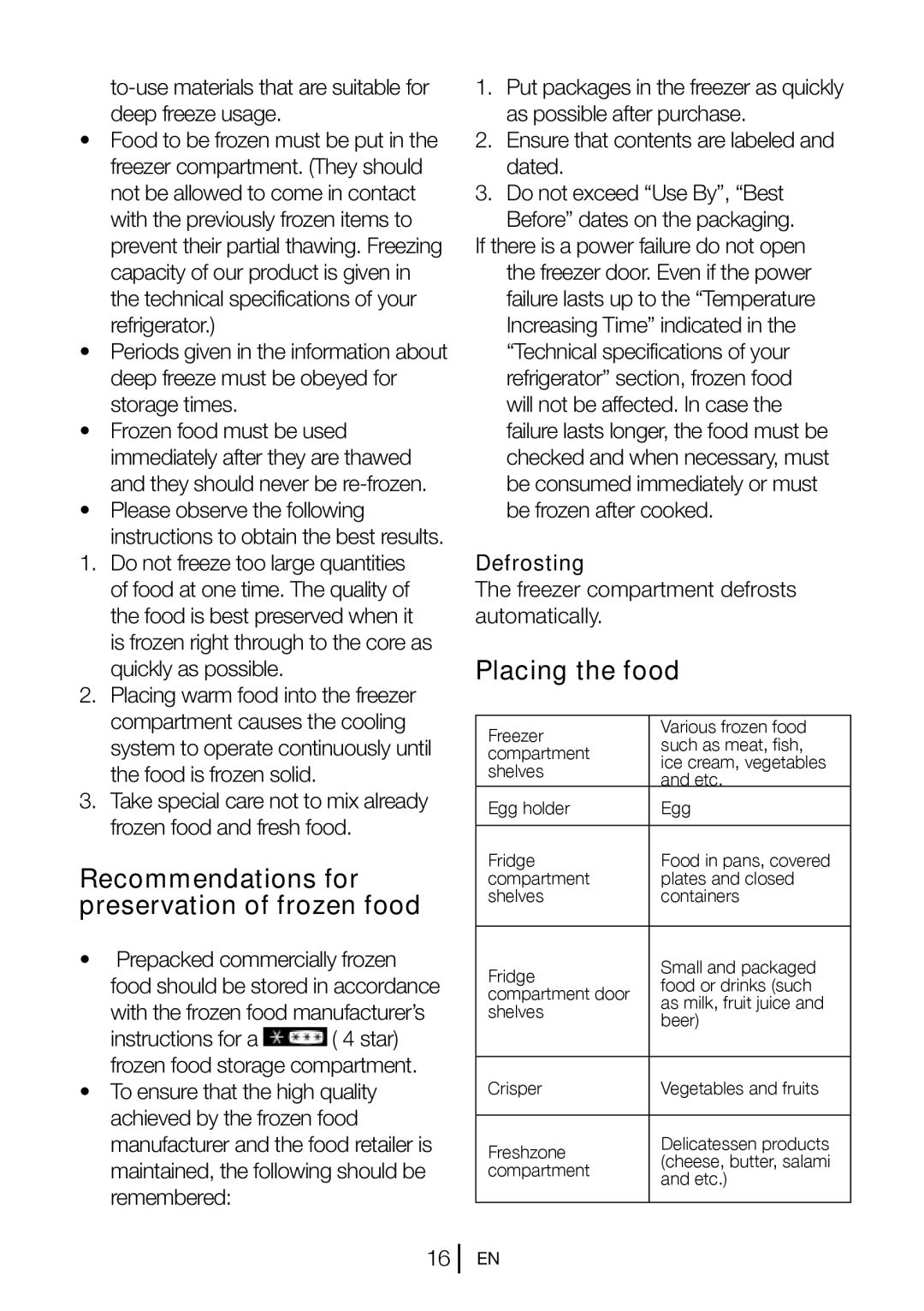 Blomberg KND 9651 XA+, KND 9651 A+ Recommendations for preservation of frozen food, Placing the food, Defrosting 