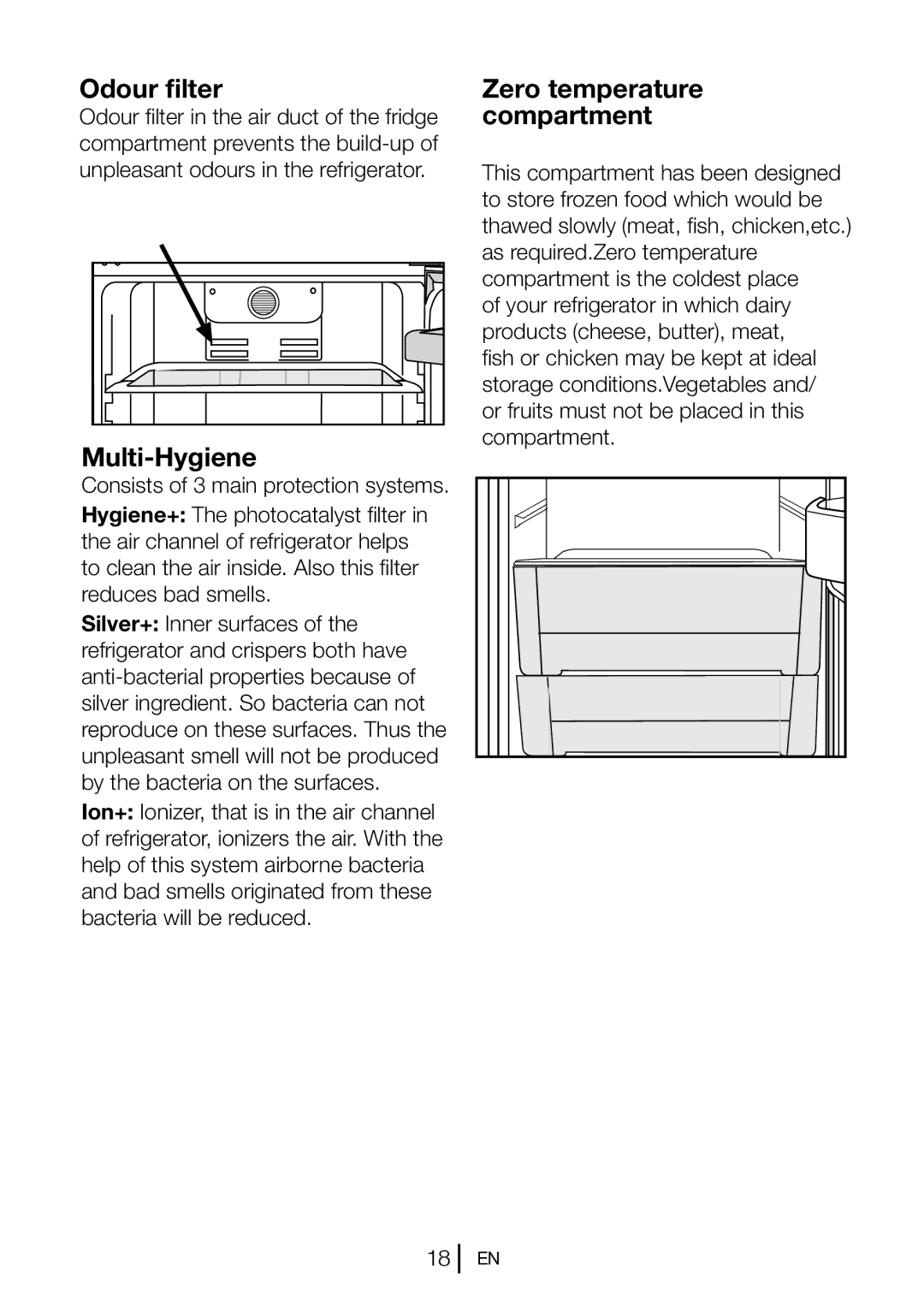 Blomberg KND 9651 XA+, KND 9651 A+ operating instructions Odour filter, Multi-Hygiene, Zero temperature compartment 