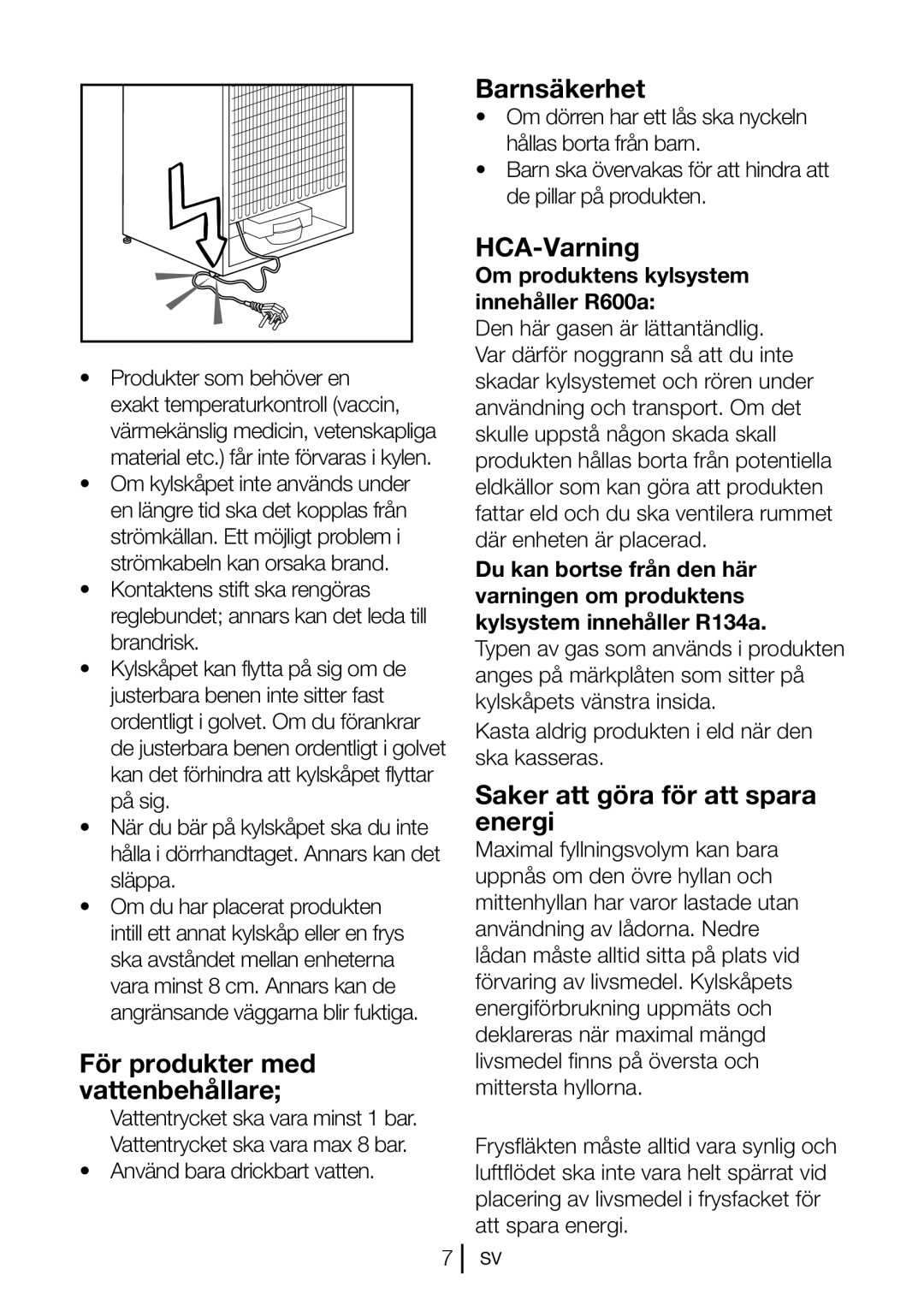 Blomberg KND 9651 XA+ För produkter med vattenbehållare, Barnsäkerhet, HCA-Varning, Saker att göra för att spara energi 