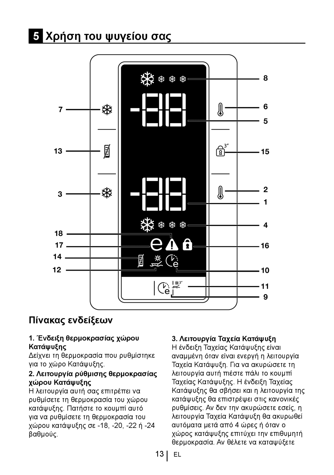 Blomberg KND 9651 XA+ Χρήση του ψυγείου σας, Πίνακας ενδείξεων, Λειτουργία ρύθμισης θερμοκρασίας, Χώρου Κατάψυξης 