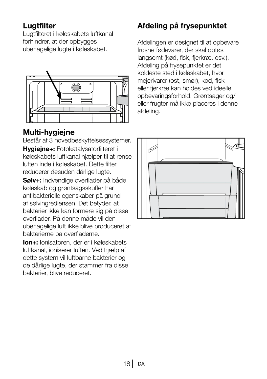 Blomberg KND 9651 A+, KND 9651 XA+ operating instructions Lugtfilter, Afdeling på frysepunktet, Multi-hygiejne 