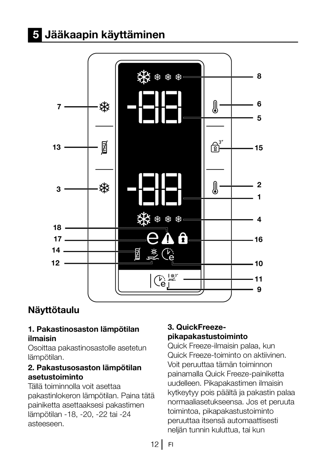 Blomberg KND 9651 A+, KND 9651 XA+ Jääkaapin käyttäminen, Näyttötaulu, Pakastinosaston lämpötilan ilmaisin 