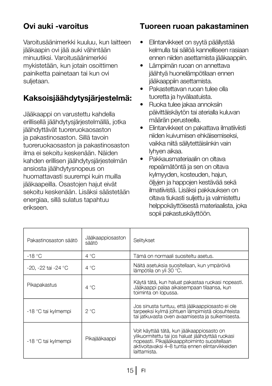 Blomberg KND 9651 XA+, KND 9651 A+ Ovi auki -varoitus, Kaksoisjäähdytysjärjestelmä, Tuoreen ruoan pakastaminen 