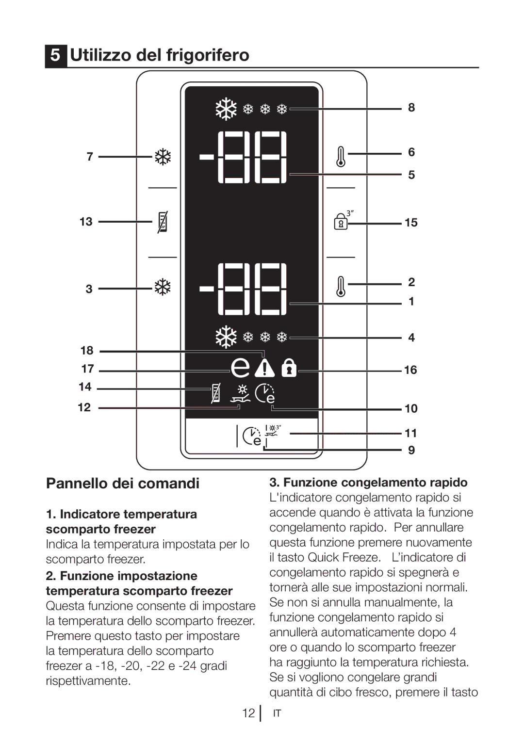 Blomberg KND 9861 XA++ manual Utilizzo del frigorifero, Pannello dei comandi, Indicatore temperatura scomparto freezer 