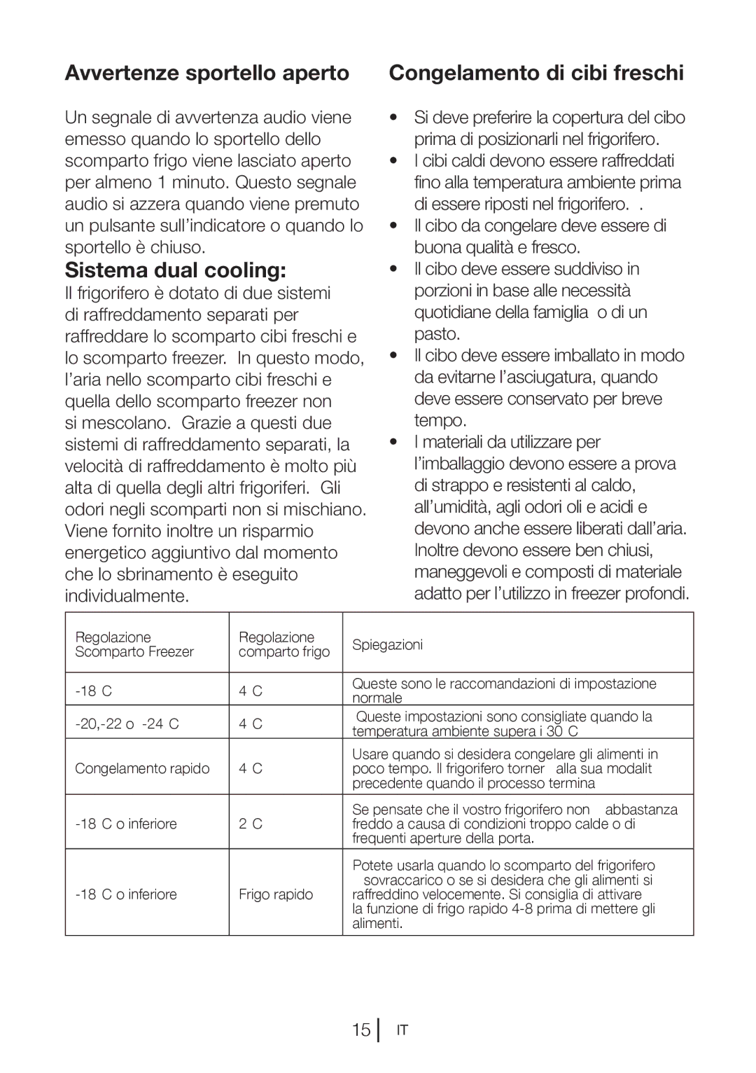 Blomberg KND 9861 XA++ manual Avvertenze sportello aperto Congelamento di cibi freschi, Sistema dual cooling 