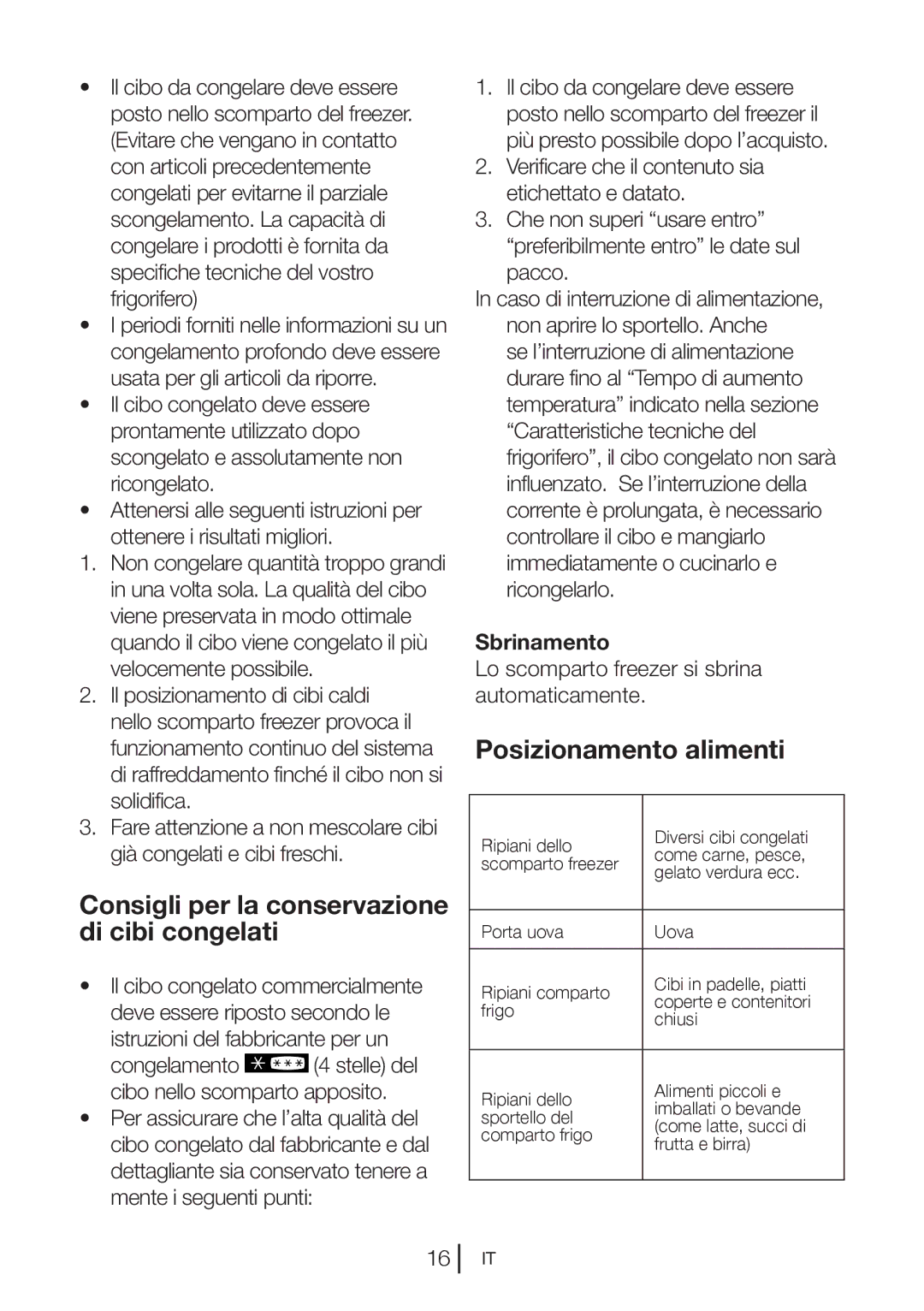 Blomberg KND 9861 XA++ manual Posizionamento alimenti, Consigli per la conservazione di cibi congelati, Sbrinamento 