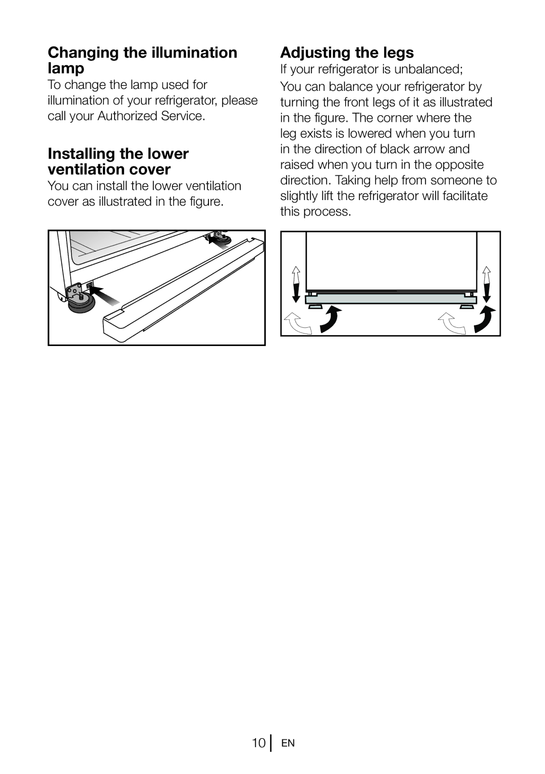 Blomberg KND 9861 X manual Changing the illumination lamp, Installing the lower ventilation cover, Adjusting the legs 