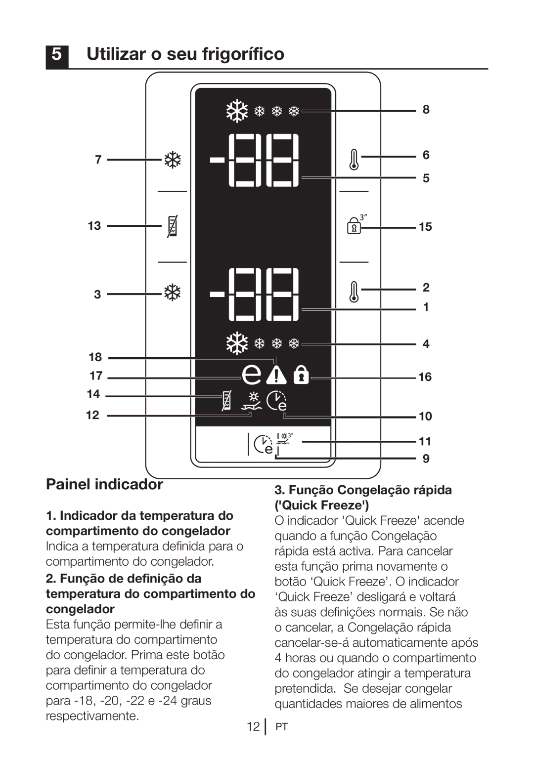 Blomberg KND 9861 XA++ manual Utilizar o seu frigorífico, Painel indicador, Função Congelação rápida Quick Freeze 