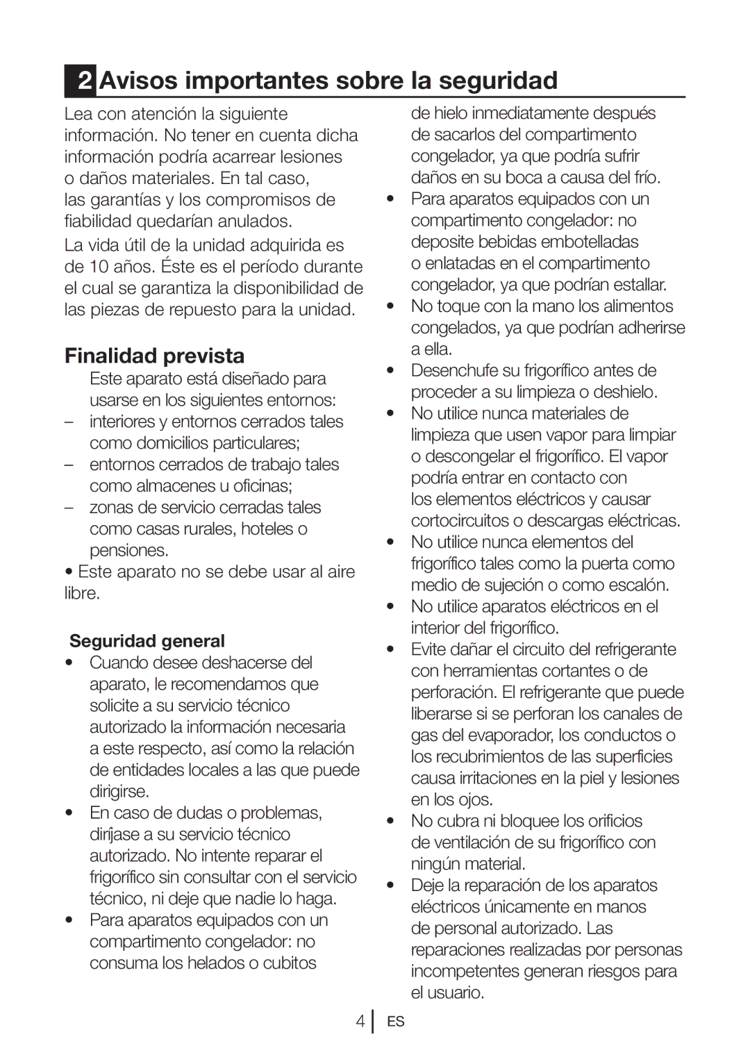 Blomberg KND 9861 XA++ manual Avisos importantes sobre la seguridad, Finalidad prevista, Seguridad general 