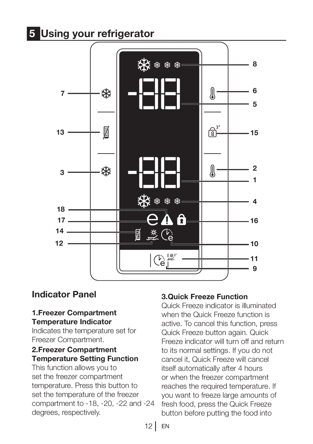 Blomberg KND 9861 XA++ manual Using your refrigerator, Indicator Panel, Quick Freeze Function 