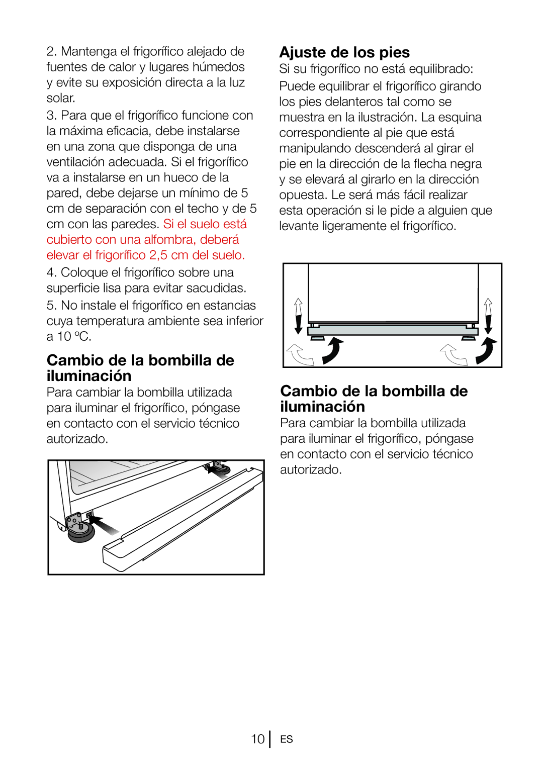 Blomberg KND 9861 XA++ manual Cambio de la bombilla de iluminación, Ajuste de los pies 