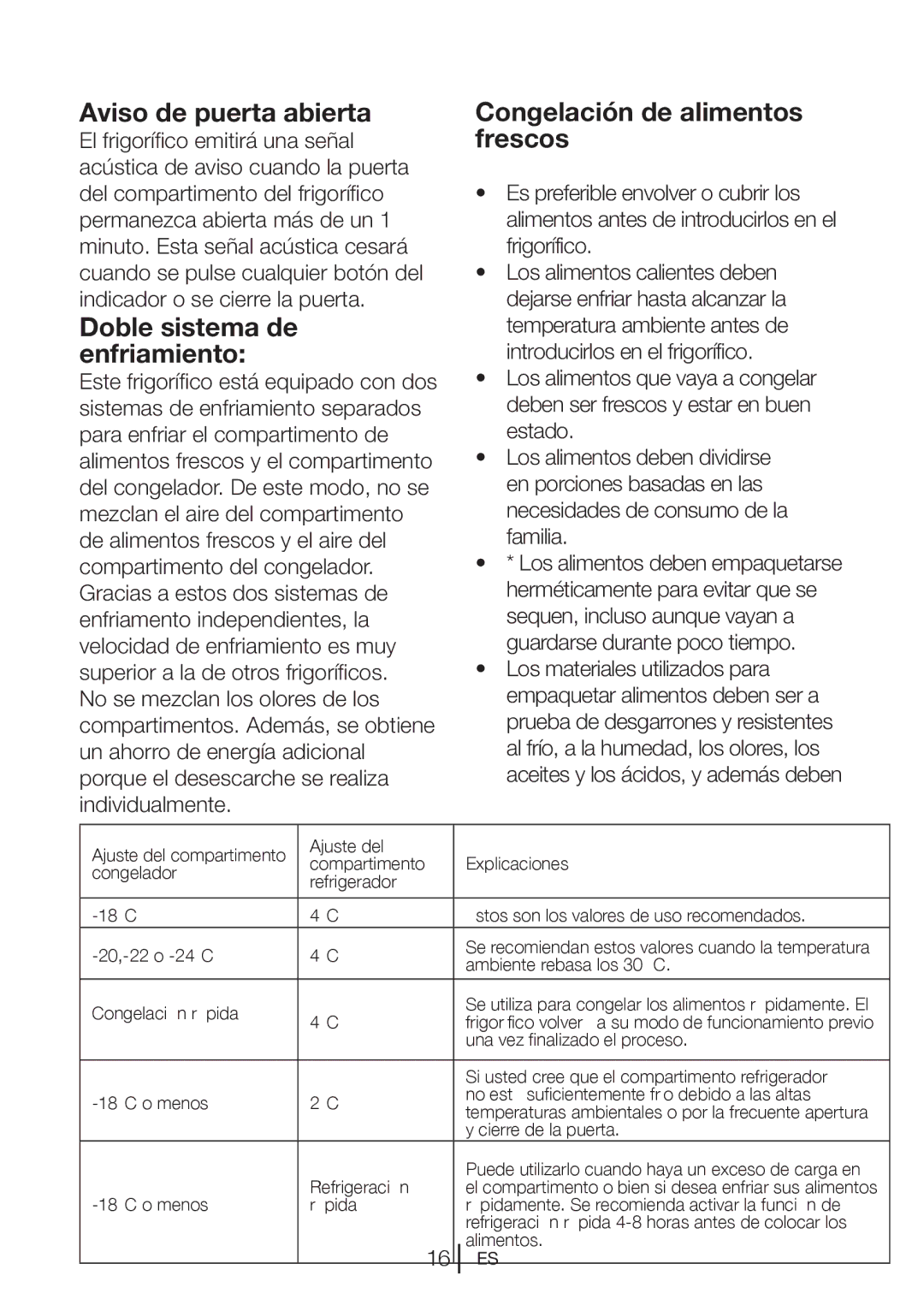 Blomberg KND 9861 X manual Aviso de puerta abierta, Doble sistema de enfriamiento, Congelación de alimentos frescos 