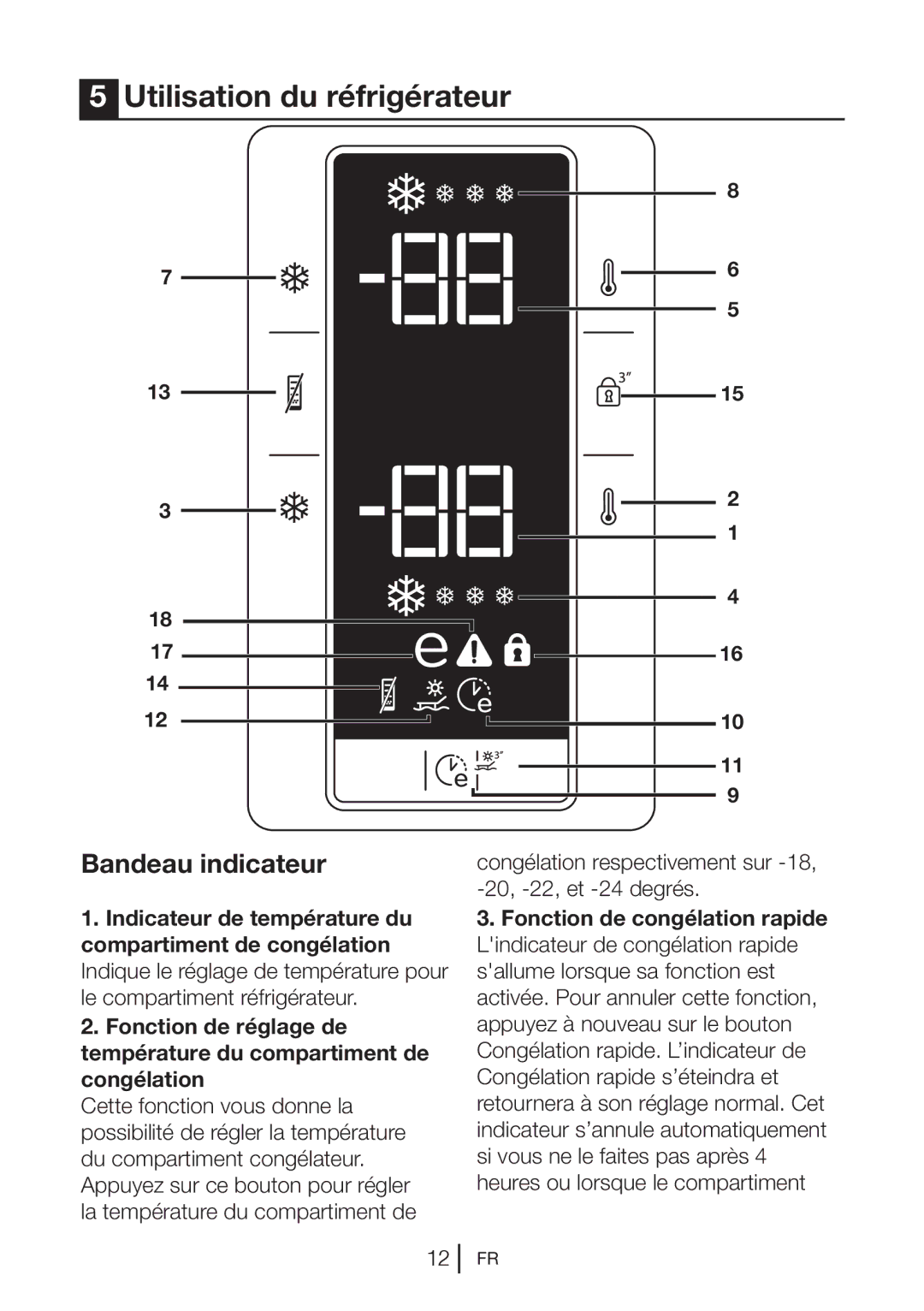 Blomberg KND 9861 XA++ manual Utilisation du réfrigérateur, Bandeau indicateur, Fonction de congélation rapide 