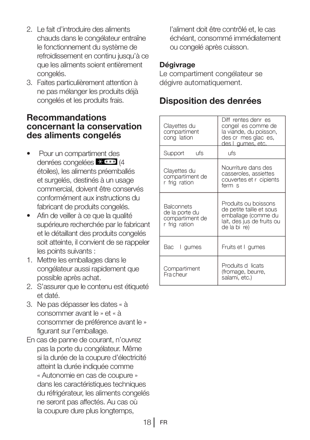 Blomberg KND 9861 XA++ manual Disposition des denrées, Pour un compartiment des, La coupure dure plus longtemps, Dégivrage 