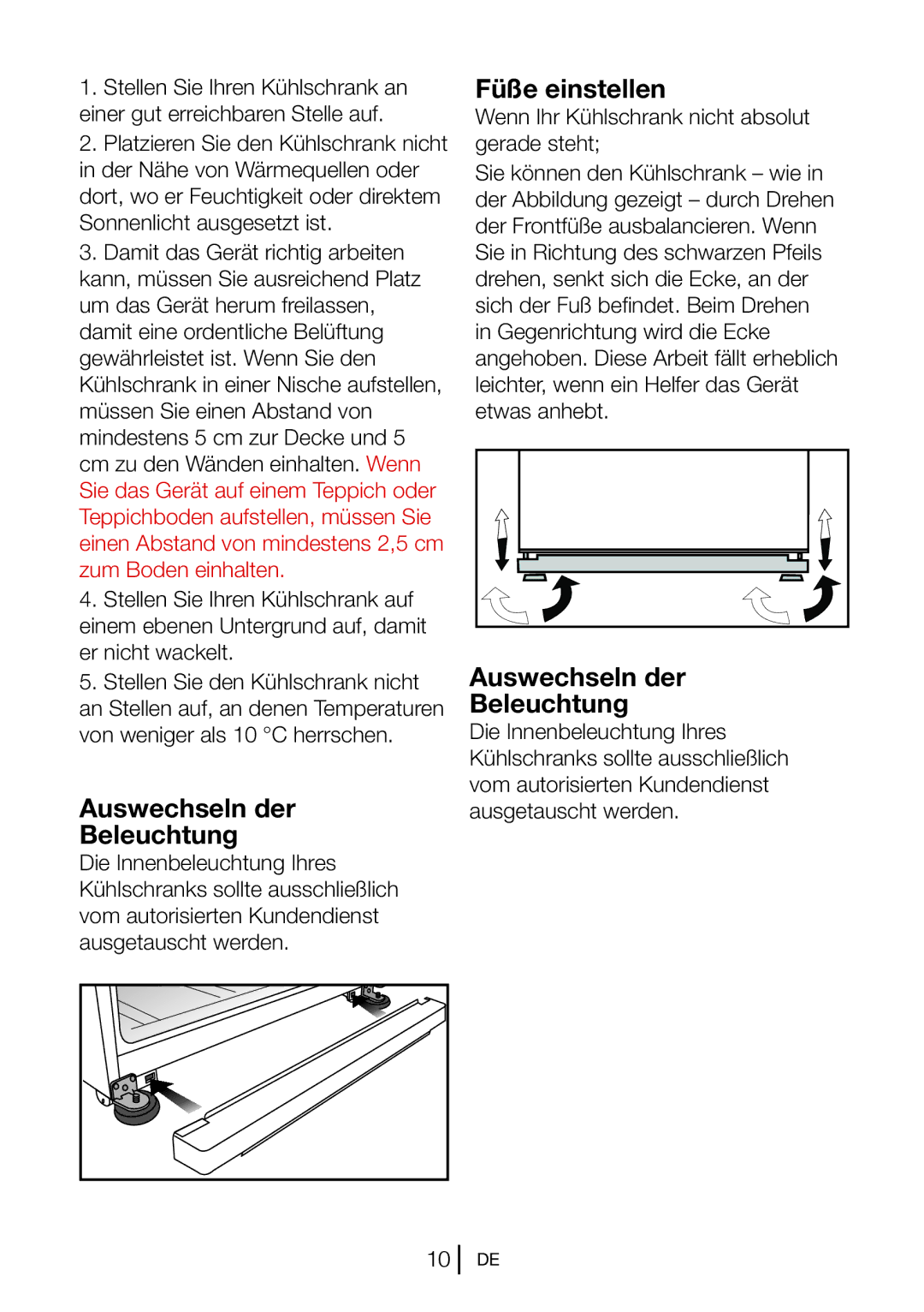 Blomberg KND 9861 XA++ manual Auswechseln der Beleuchtung, Füße einstellen, Sonnenlicht ausgesetzt ist 