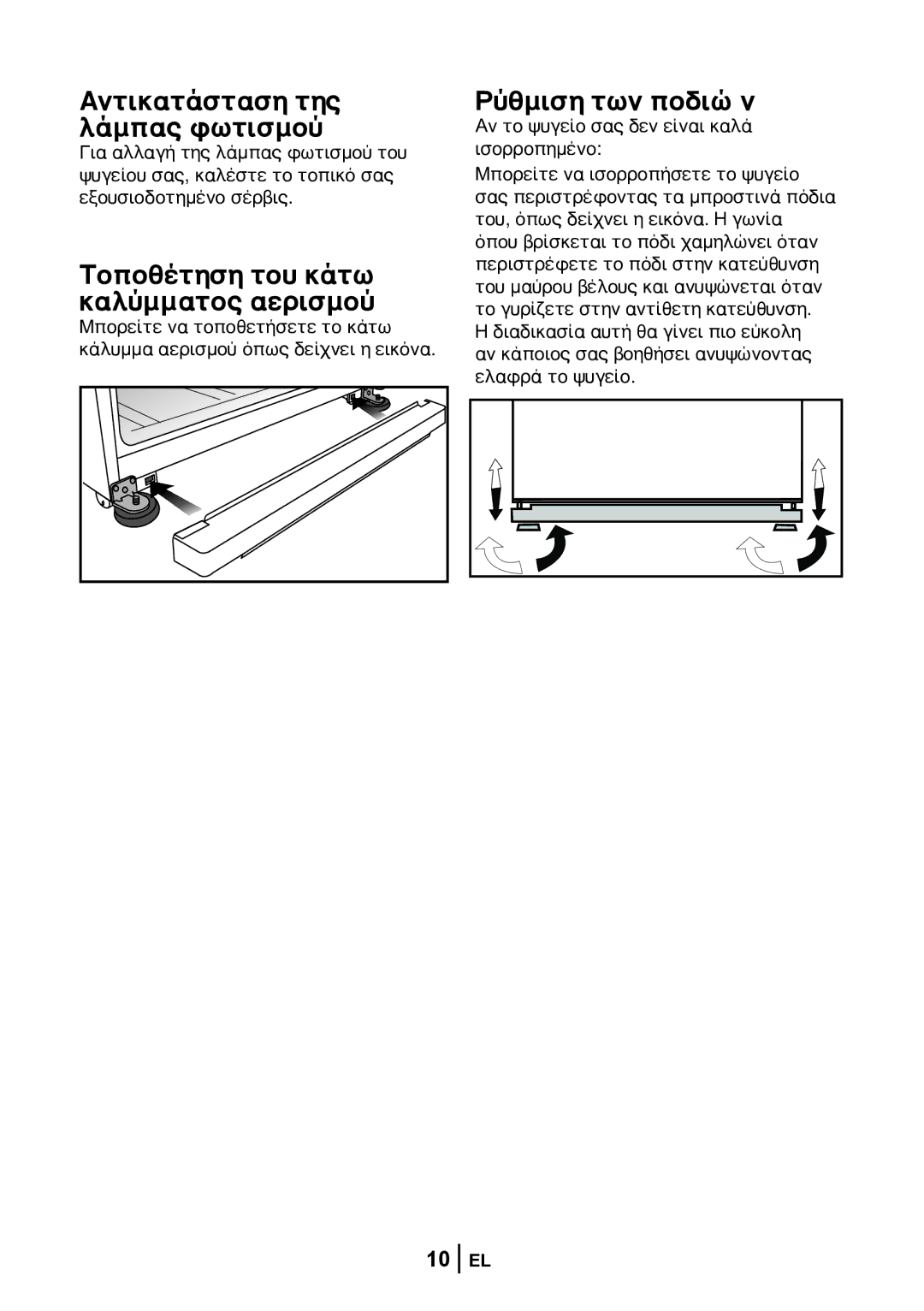 Blomberg KND 9861 XA++ Αντικατάσταση της λάμπας φωτισμού, Τοποθέτηση του κάτω καλύμματος αερισμού, Ρύθμιση των ποδιών 