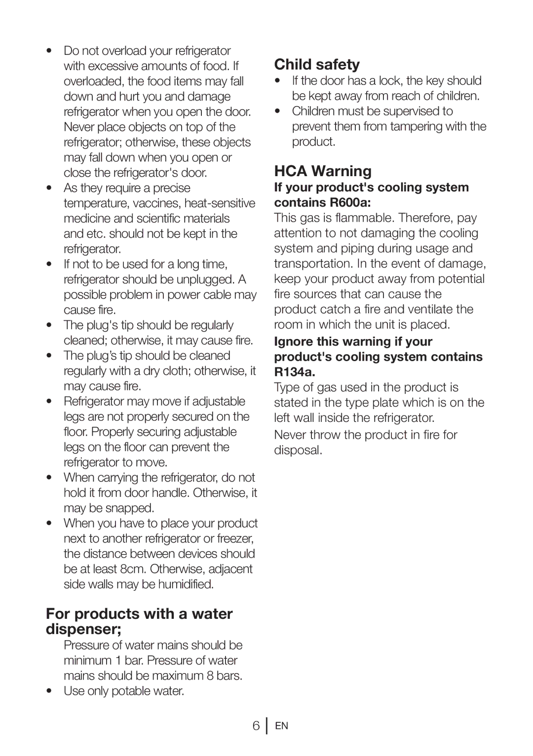 Blomberg KND 9861 XA++ manual For products with a water dispenser, Child safety, HCA Warning, Use only potable water 