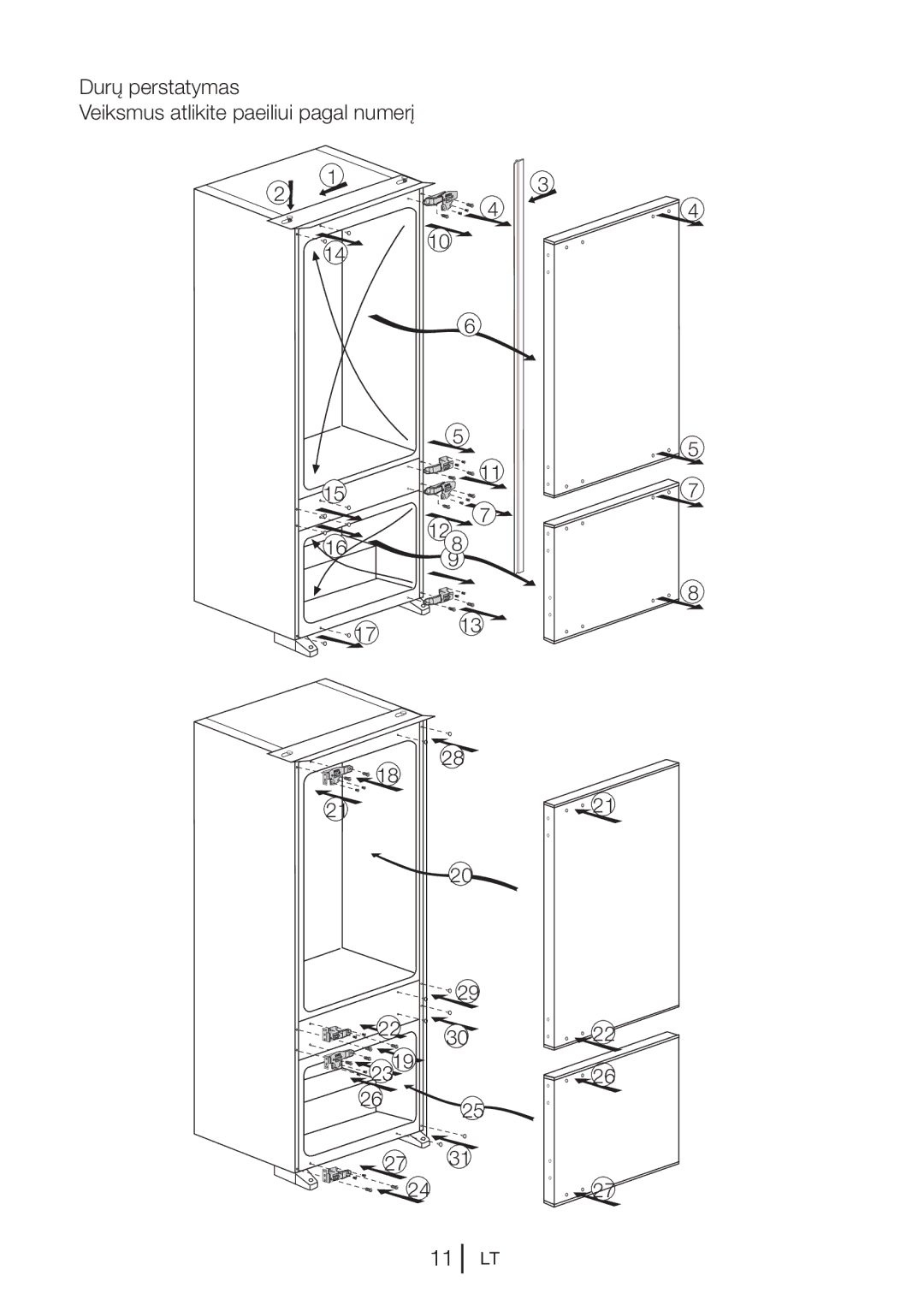 Blomberg KNM1551iFA+, KNM 1551 IA+ operating instructions Durų perstatymas Veiksmus atlikite paeiliui pagal numerį 