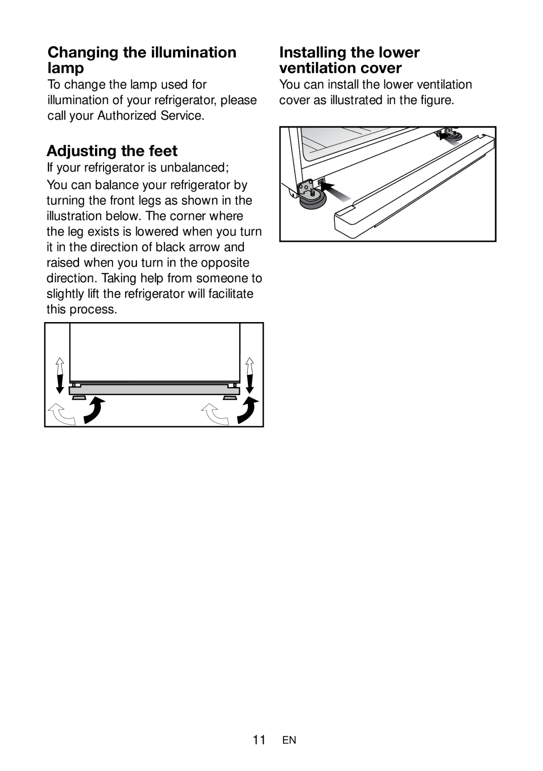 Blomberg KNM 9860 A+ manual Changing the illumination lamp, Installing the lower ventilation cover, Adjusting the feet 