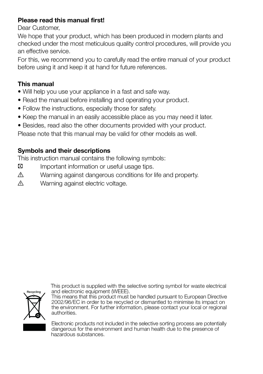 Blomberg KNM 9860 A+, KNM 9860 XA+ Please read this manual first, This manual, Symbols and their descriptions 