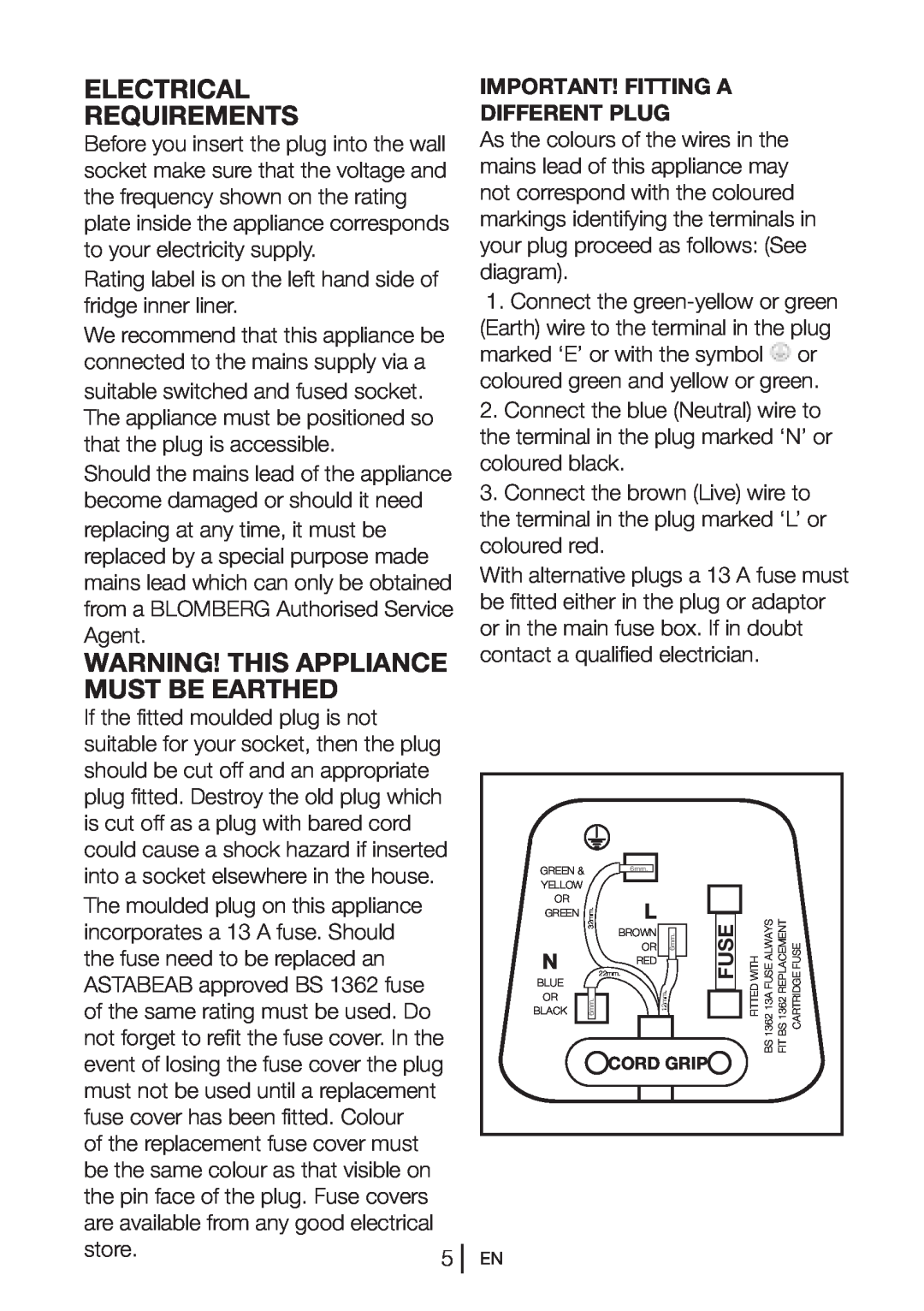 Blomberg KNM1551i Electrical Requirements, Warning! This Appliance Must Be Earthed, Important! Fitting A Different Plug 