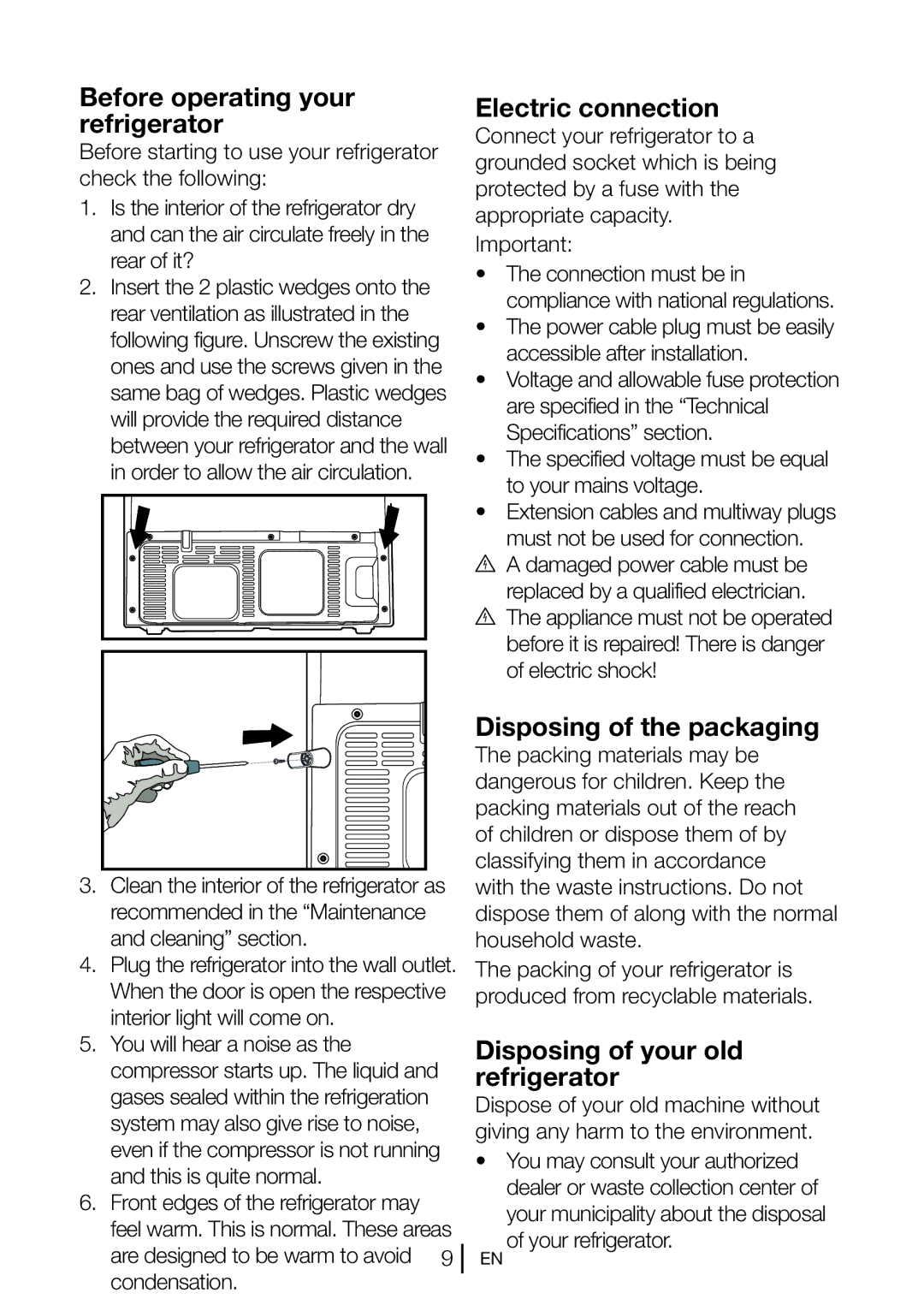 Blomberg KQD 1250 XA+, KQD 1251 XA++ Before operating your refrigerator, Electric connection, Disposing of the packaging 