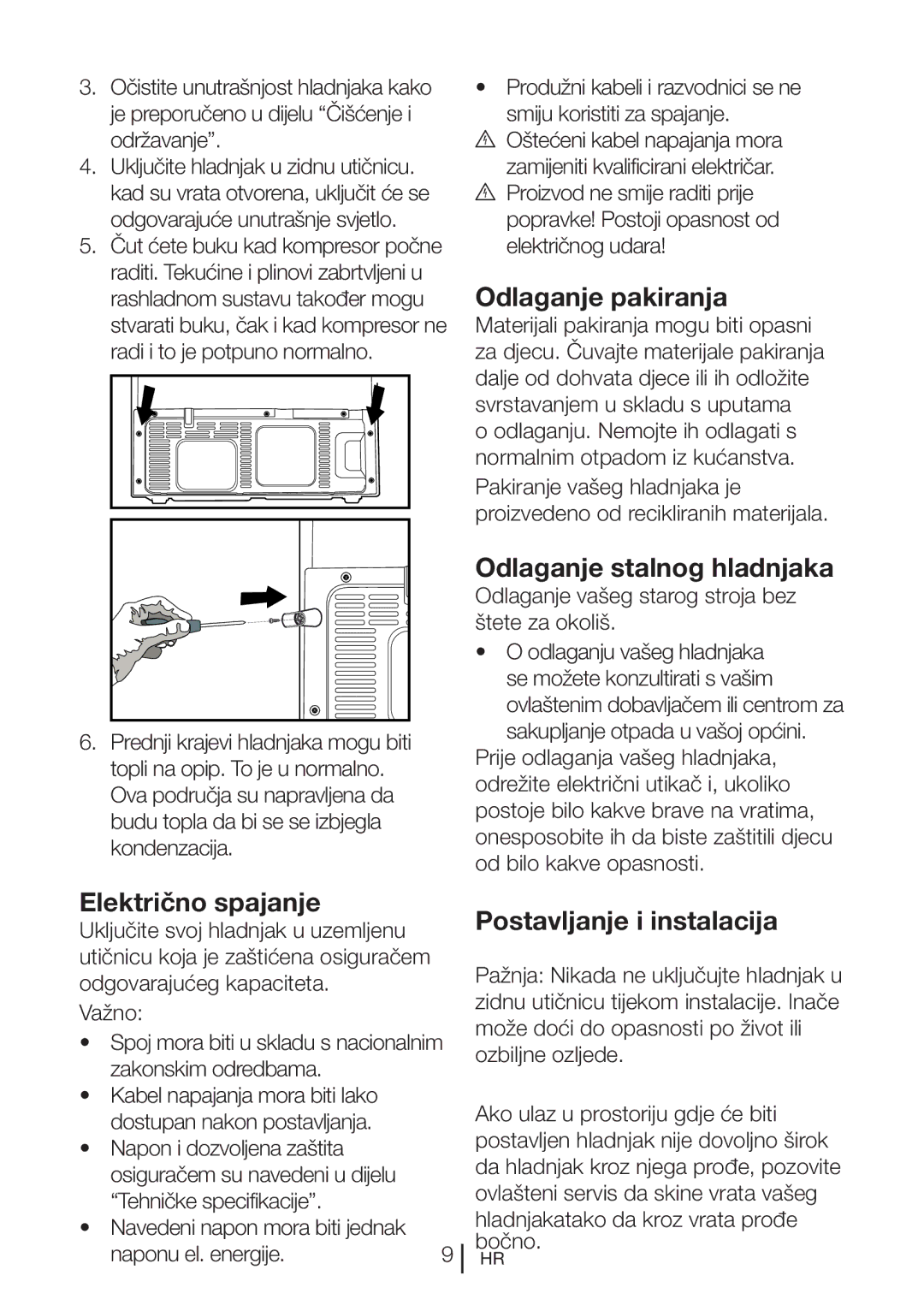 Blomberg KQD 1250 manual Odlaganje pakiranja, Odlaganje stalnog hladnjaka, Električno spajanje, Postavljanje i instalacija 