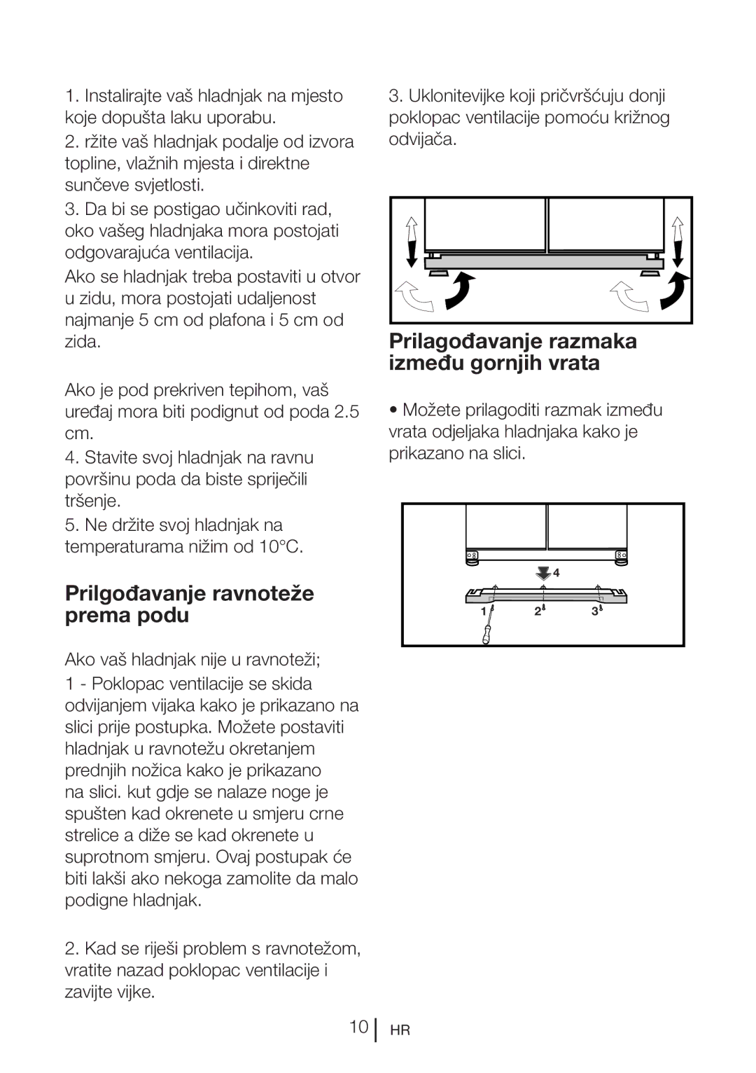 Blomberg KQD 1251 XA++, KQD 1250 X manual Prilgođavanje ravnoteže prema podu, Prilagođavanje razmaka između gornjih vrata 