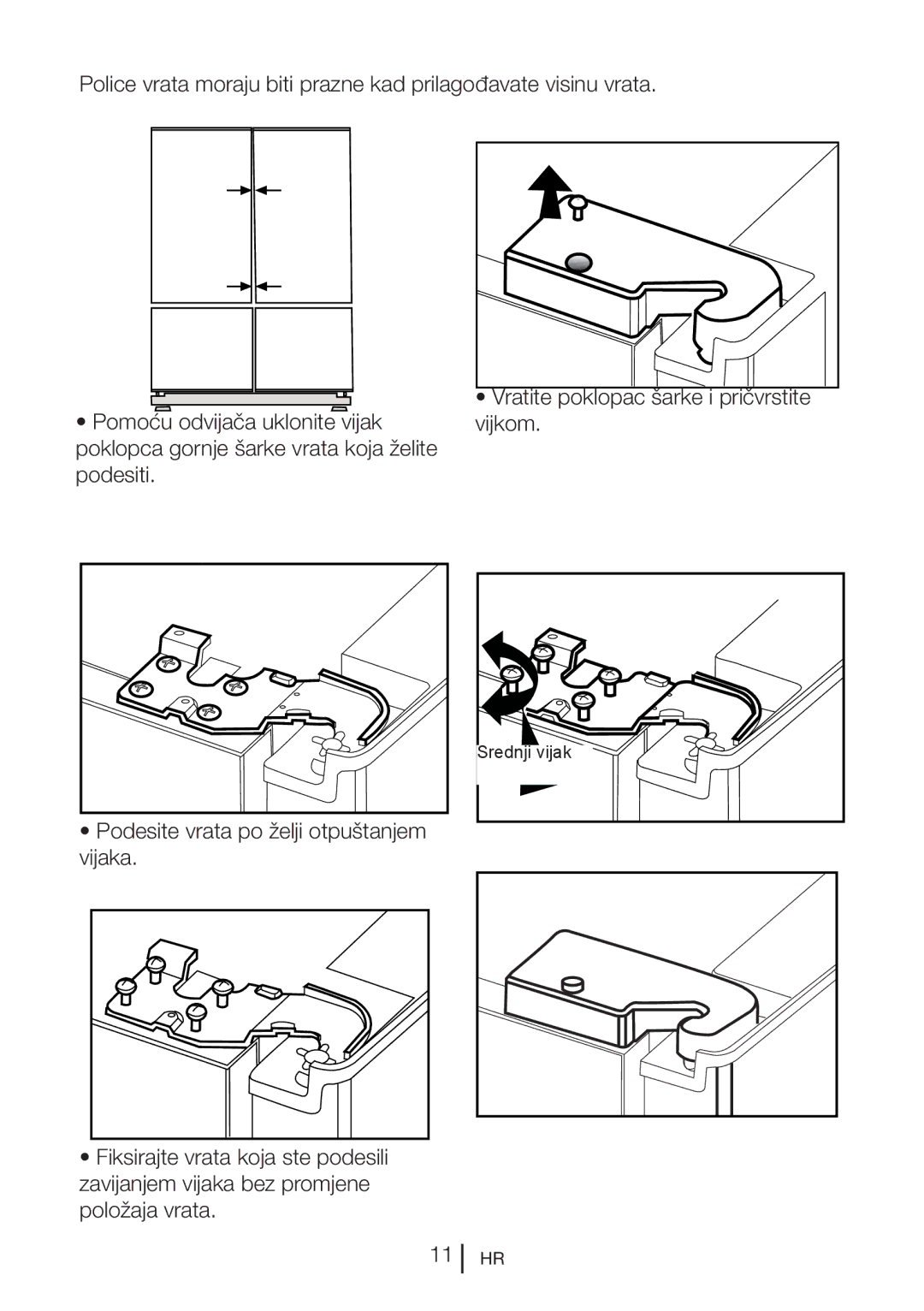 Blomberg KQD 1250 XA+ manual Vijkom, Podesite vrata po želji otpuštanjem vijaka, Vratite poklopac šarke i pričvrstite 