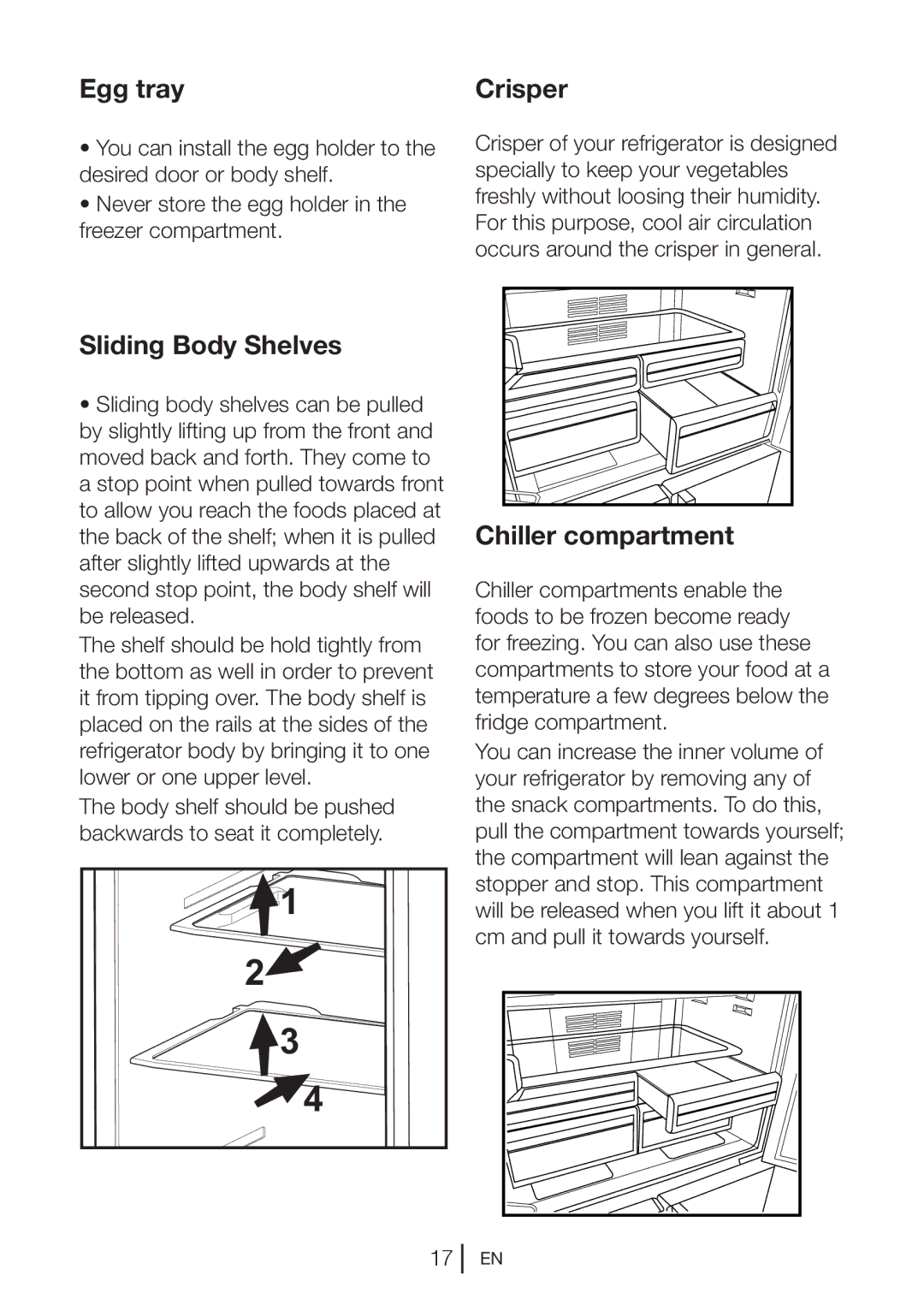 Blomberg KQD 1250 XA+, KQD 1251 XA++ manual Egg tray, Crisper, Sliding Body Shelves, Chiller compartment 
