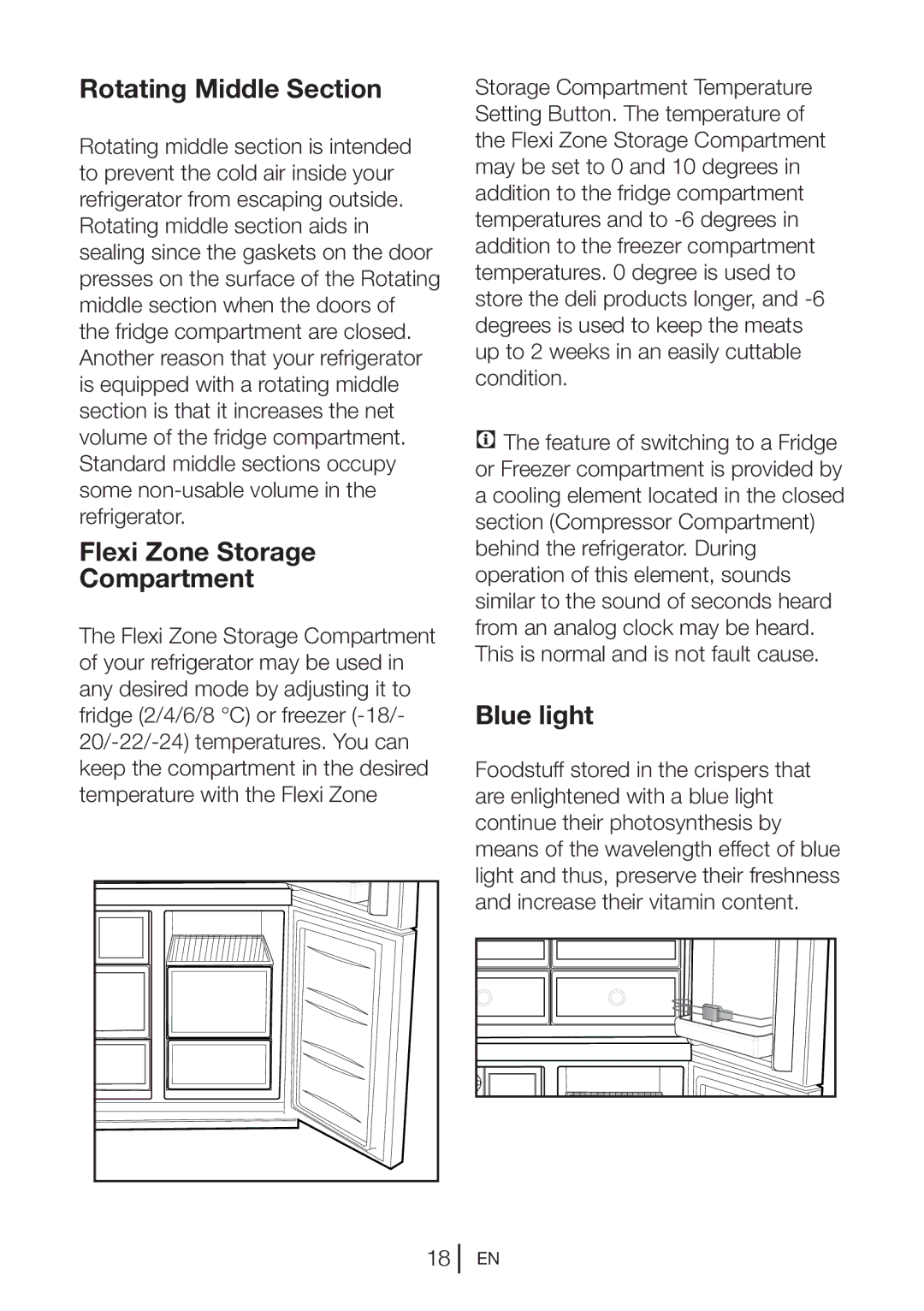 Blomberg KQD 1251 XA++, KQD 1250 XA+ manual Rotating Middle Section, Flexi Zone Storage, Compartment, Blue light 