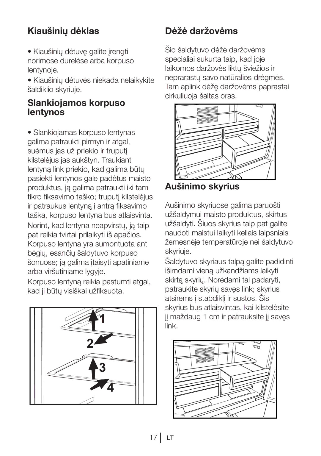 Blomberg KQD 1251 XA++, KQD 1250 XA+ manual Kiaušinių dėklas, Slankiojamos korpuso lentynos, Aušinimo skyrius 