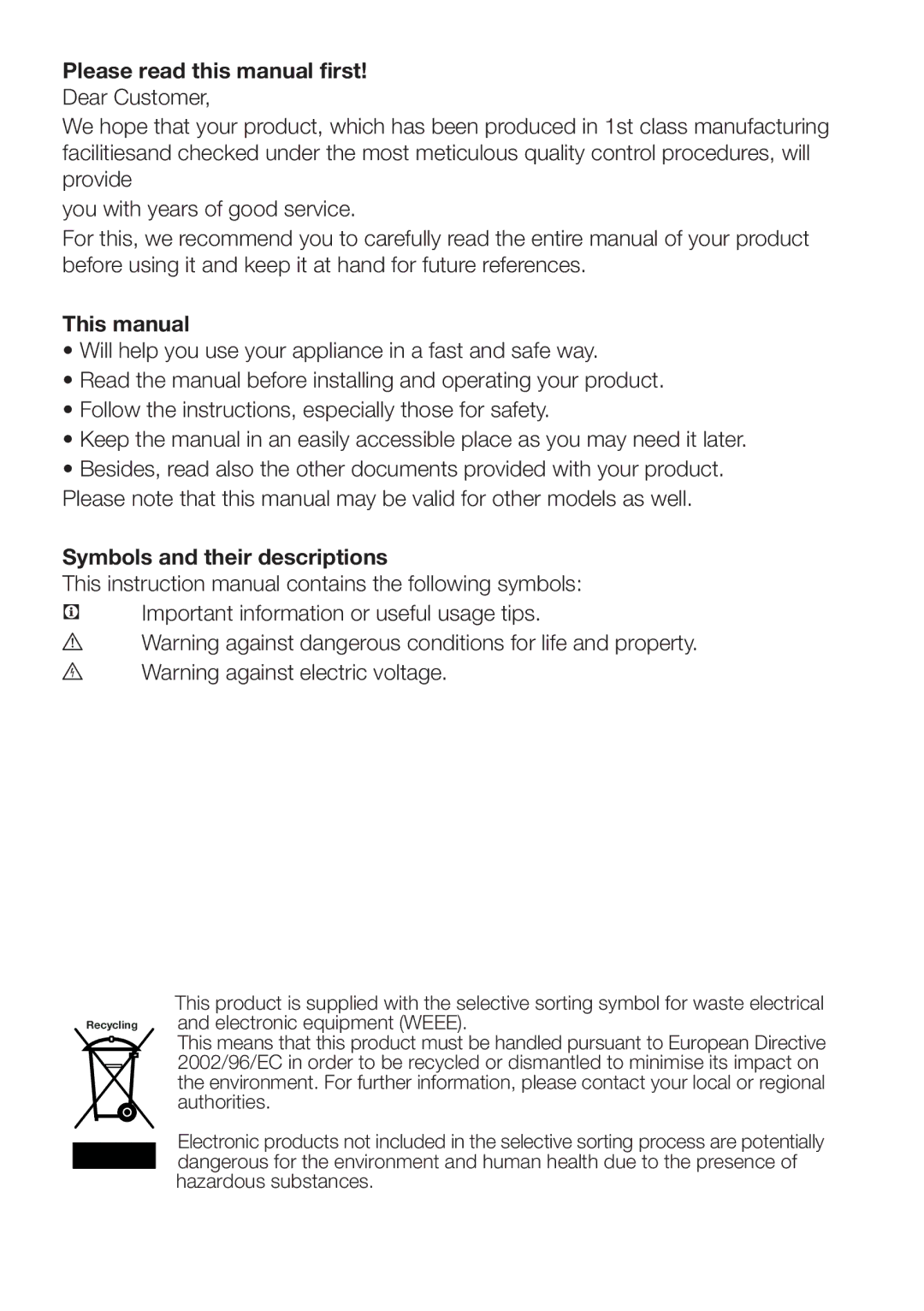 Blomberg KQD 1250 XA+, KQD 1251 XA++ Please read this manual first, This manual, Symbols and their descriptions 