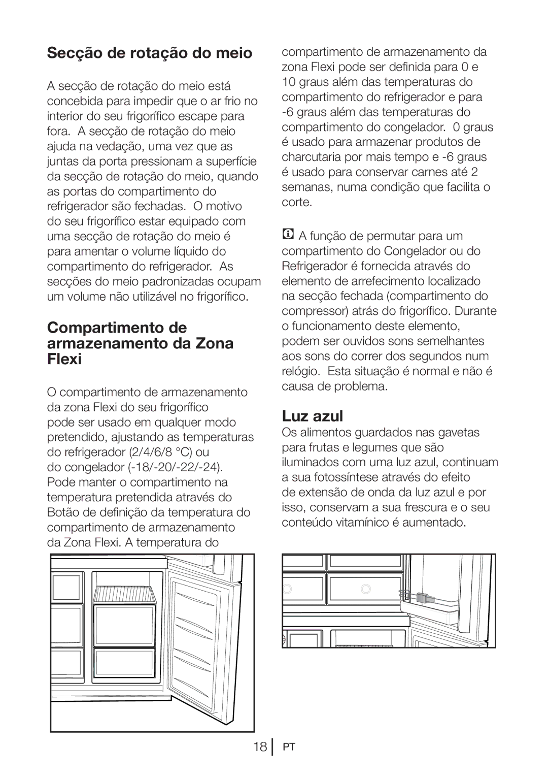 Blomberg KQD 1251 XA++, KQD 1250 X manual Secção de rotação do meio, Compartimento de armazenamento da Zona Flexi, Luz azul 