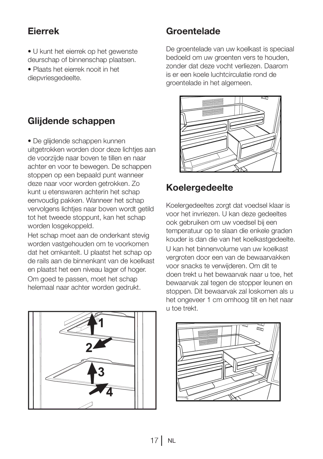 Blomberg KQD 1250 XA+, KQD 1251 XA++ manual Eierrek, Groentelade, Glijdende schappen, Koelergedeelte 