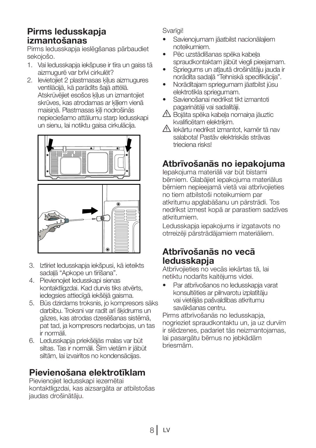 Blomberg KQD 1250 X manual Pirms ledusskapja izmantošanas, Atbrīvošanās no iepakojuma, Atbrīvošanās no vecā ledusskapja 