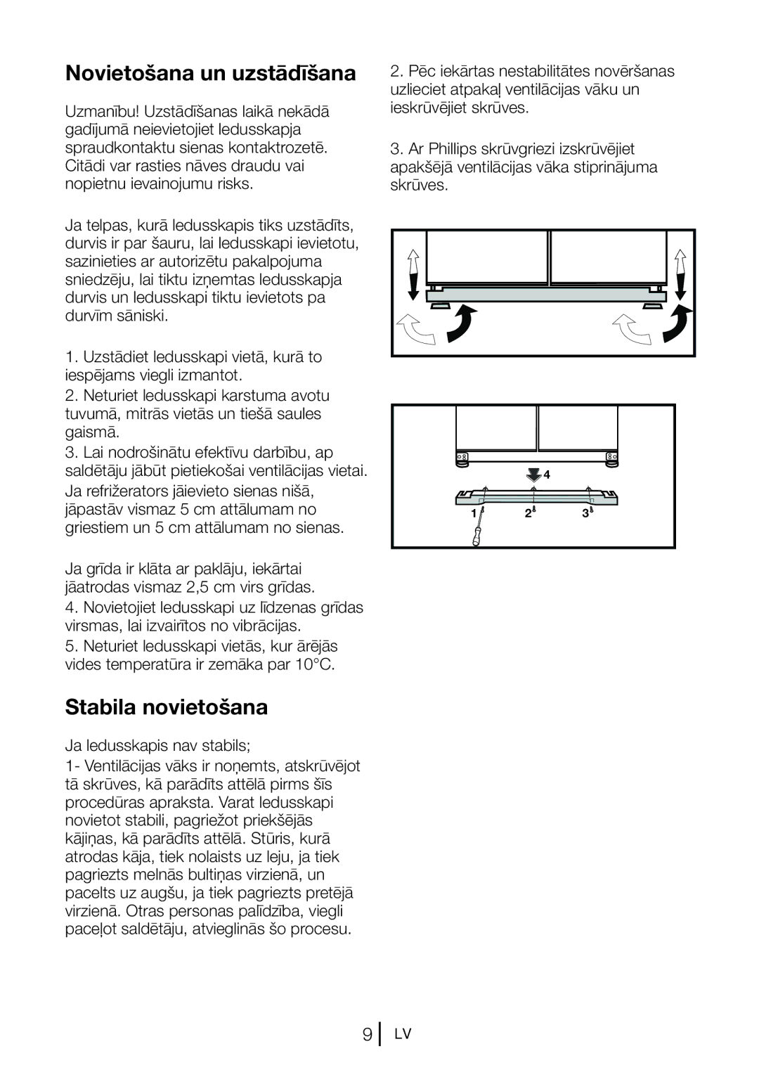 Blomberg KQD 1251 XA++, KQD 1250 X manual Novietošana un uzstādīšana, Stabila novietošana, Ja ledusskapis nav stabils 