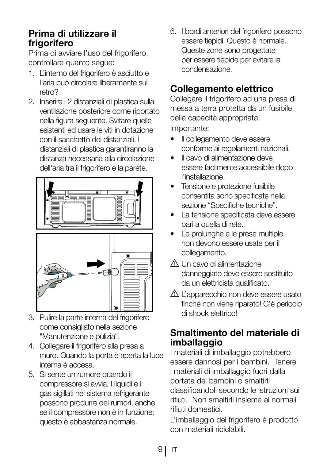 Blomberg KQD 1250 X Prima di utilizzare il frigorifero, Collegamento elettrico, Smaltimento del materiale di imballaggio 