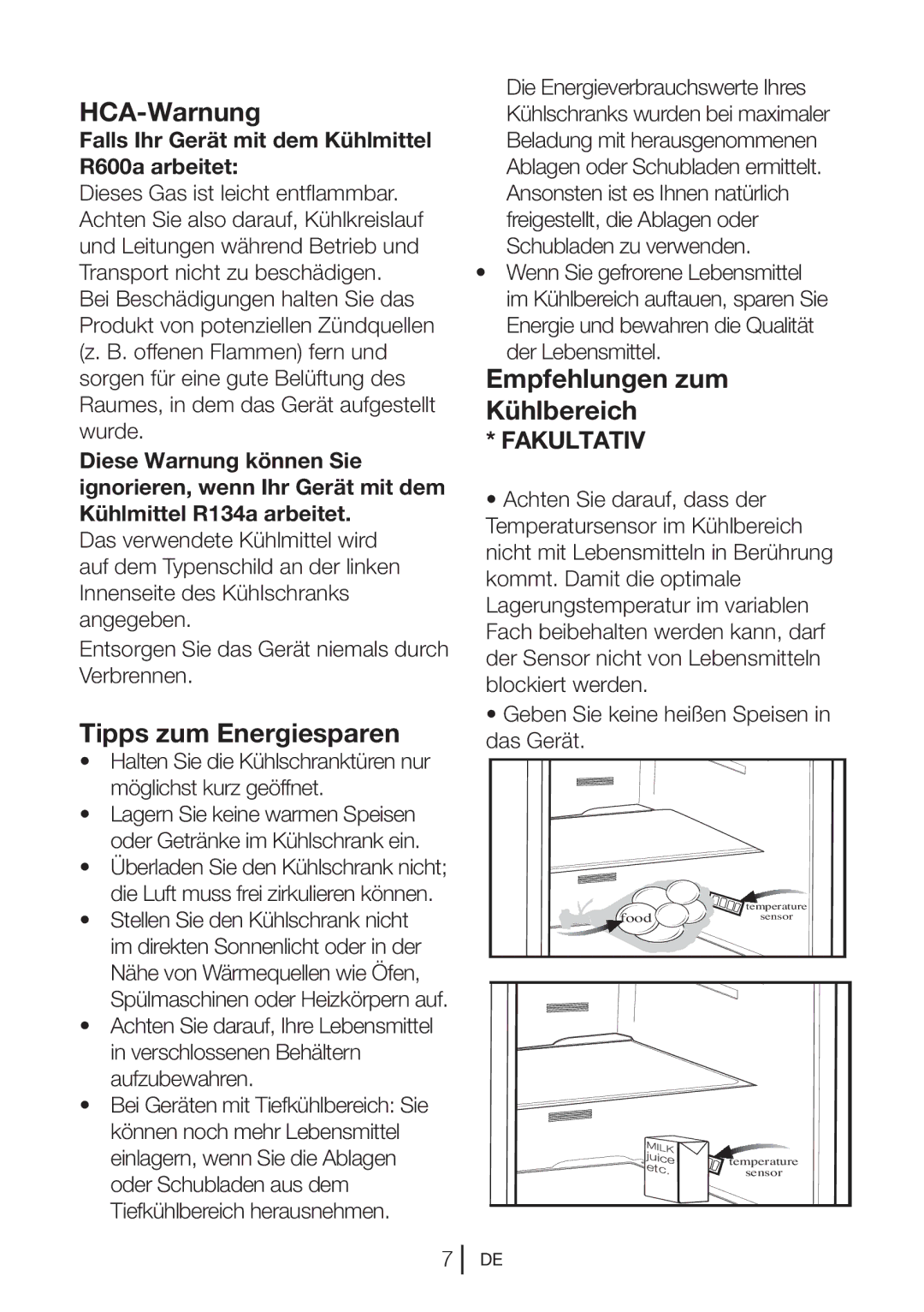 Blomberg KQD 1250 XA+, KQD 1251 XA++ manual HCA-Warnung, Tipps zum Energiesparen, Empfehlungen zum Kühlbereich 