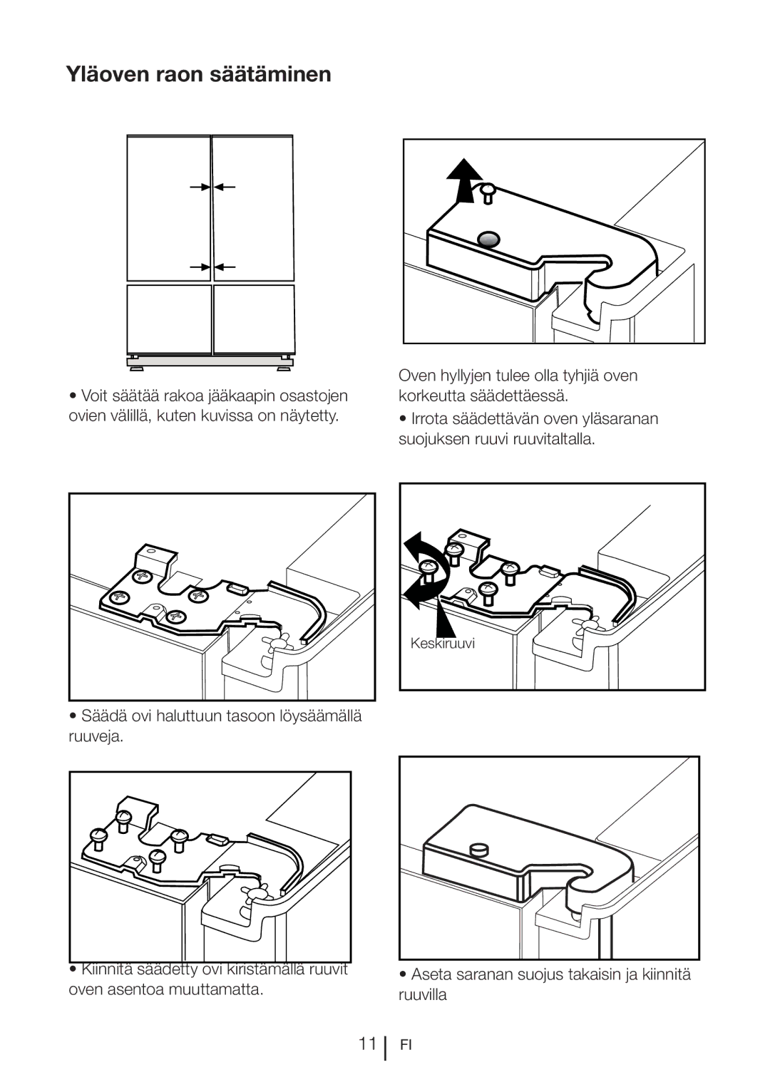 Blomberg KQD 1250 XA+, KQD 1251 XA++ Yläoven raon säätäminen, Oven hyllyjen tulee olla tyhjiä oven korkeutta säädettäessä 