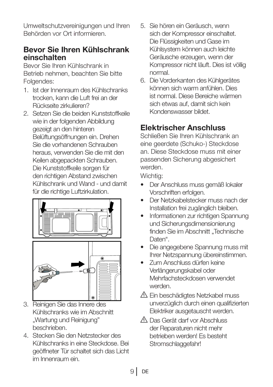 Blomberg KQD 1251 XA++, KQD 1250 XA+ manual Bevor Sie Ihren Kühlschrank einschalten, Elektrischer Anschluss 