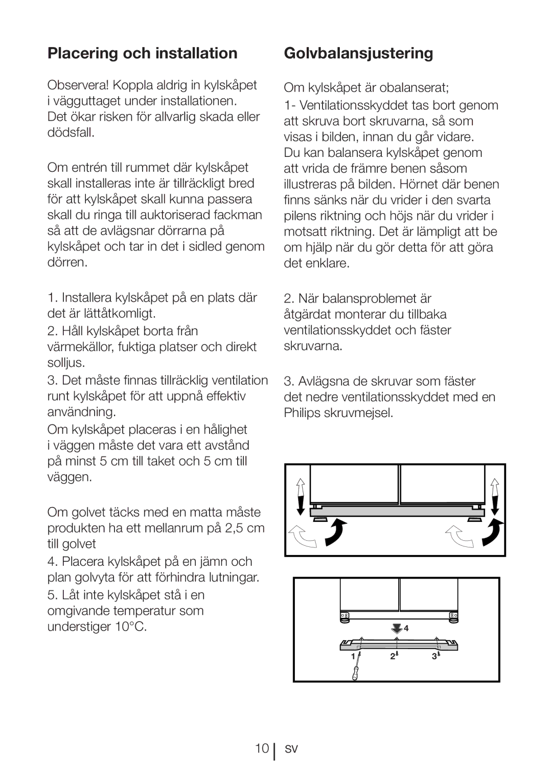 Blomberg KQD 1251 XA++, KQD 1250 XA+ manual Placering och installation, Golvbalansjustering 