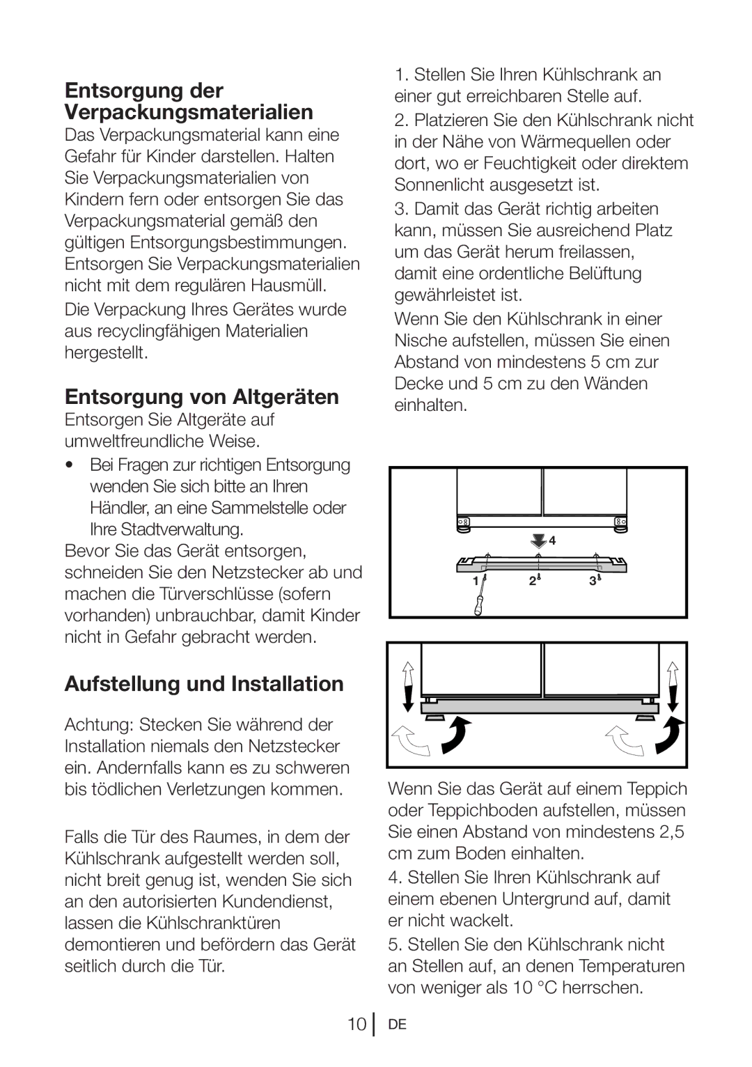 Blomberg KQD 1250 X manual Entsorgung der Verpackungsmaterialien, Entsorgung von Altgeräten, Aufstellung und Installation 