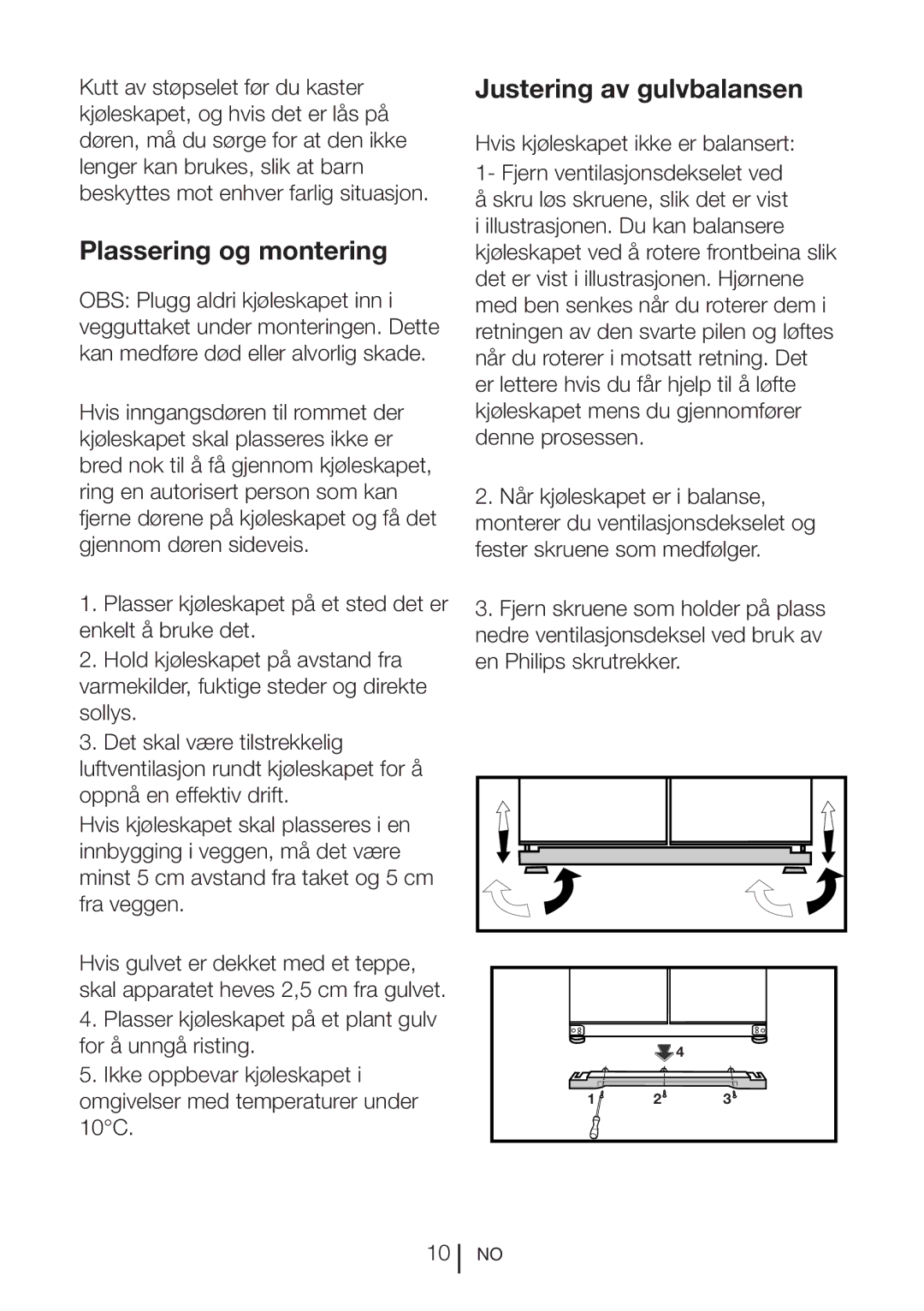 Blomberg KQD 1251 XA++, KQD 1250 XA+ manual Plassering og montering, Justering av gulvbalansen 