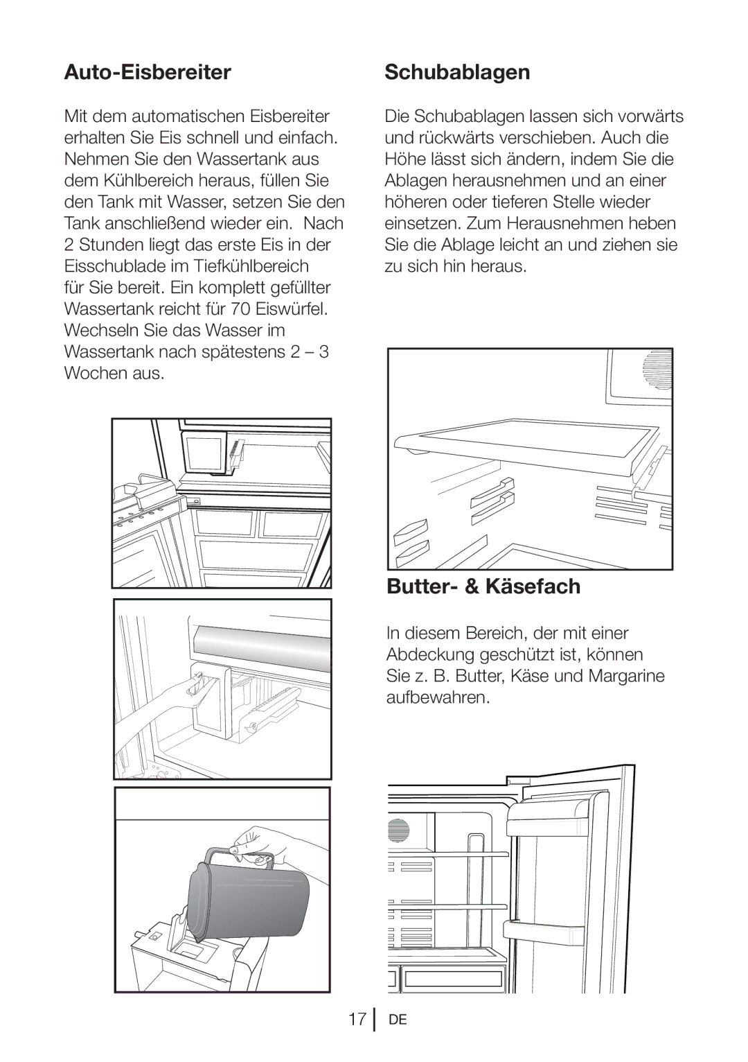 Blomberg KQD 1251 XA++, KQD 1250 XA+ manual Auto-Eisbereiter, Schubablagen, Butter- & Käsefach 