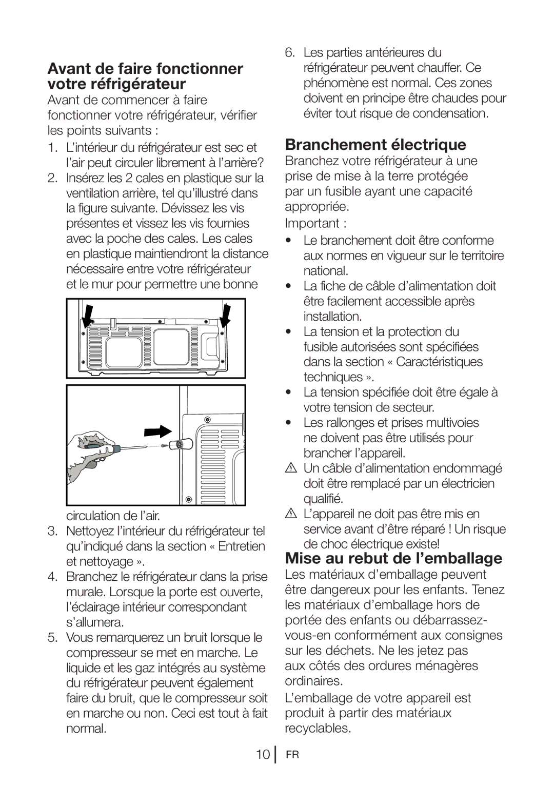 Blomberg KQD 1250 X Avant de faire fonctionner votre réfrigérateur, Branchement électrique, Mise au rebut de l’emballage 